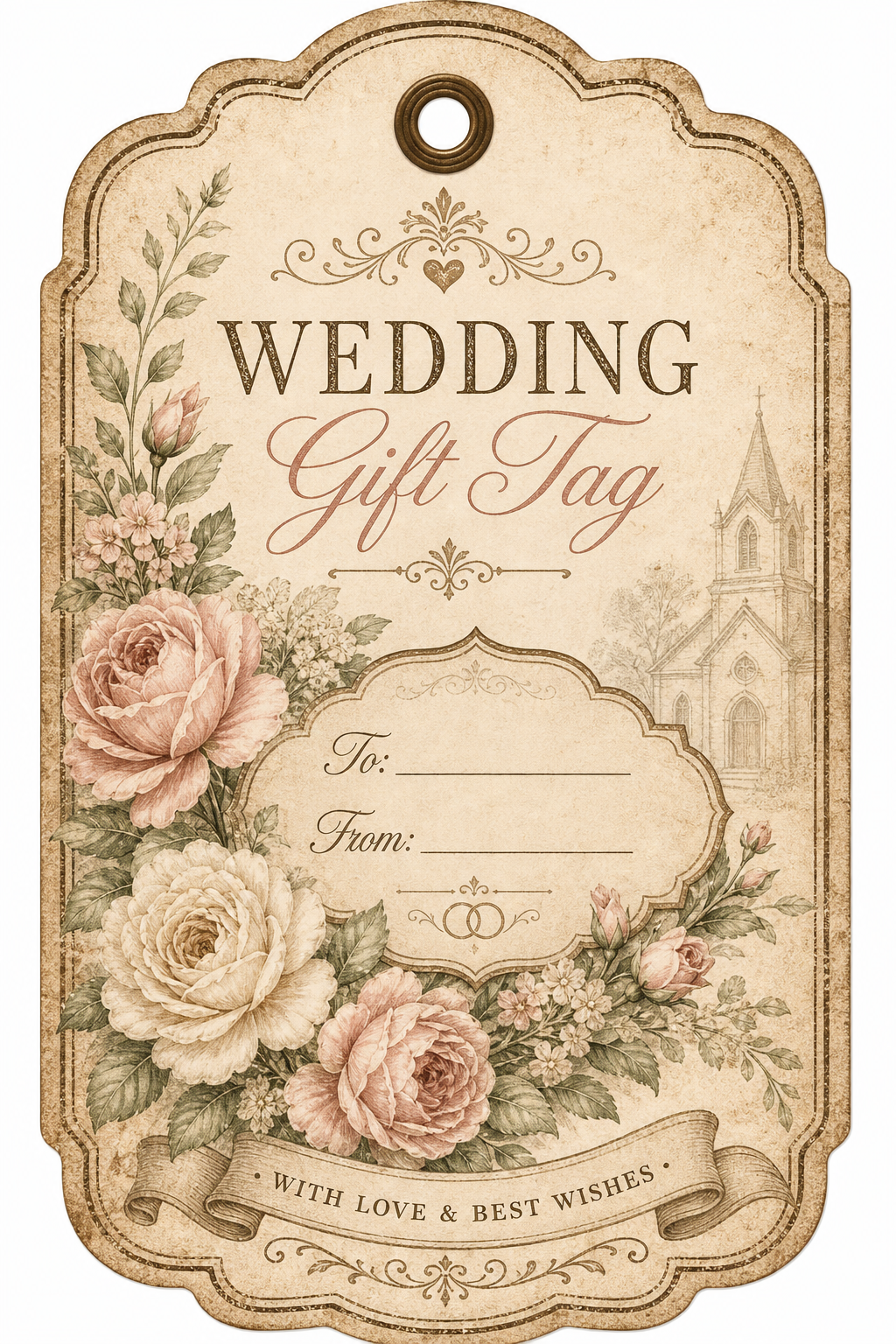 Wedding Gift Tag — vintage style gift tag, featuring romantic floral arrangements, soft pastels (blush, ivory, sage), elegant calligraphy