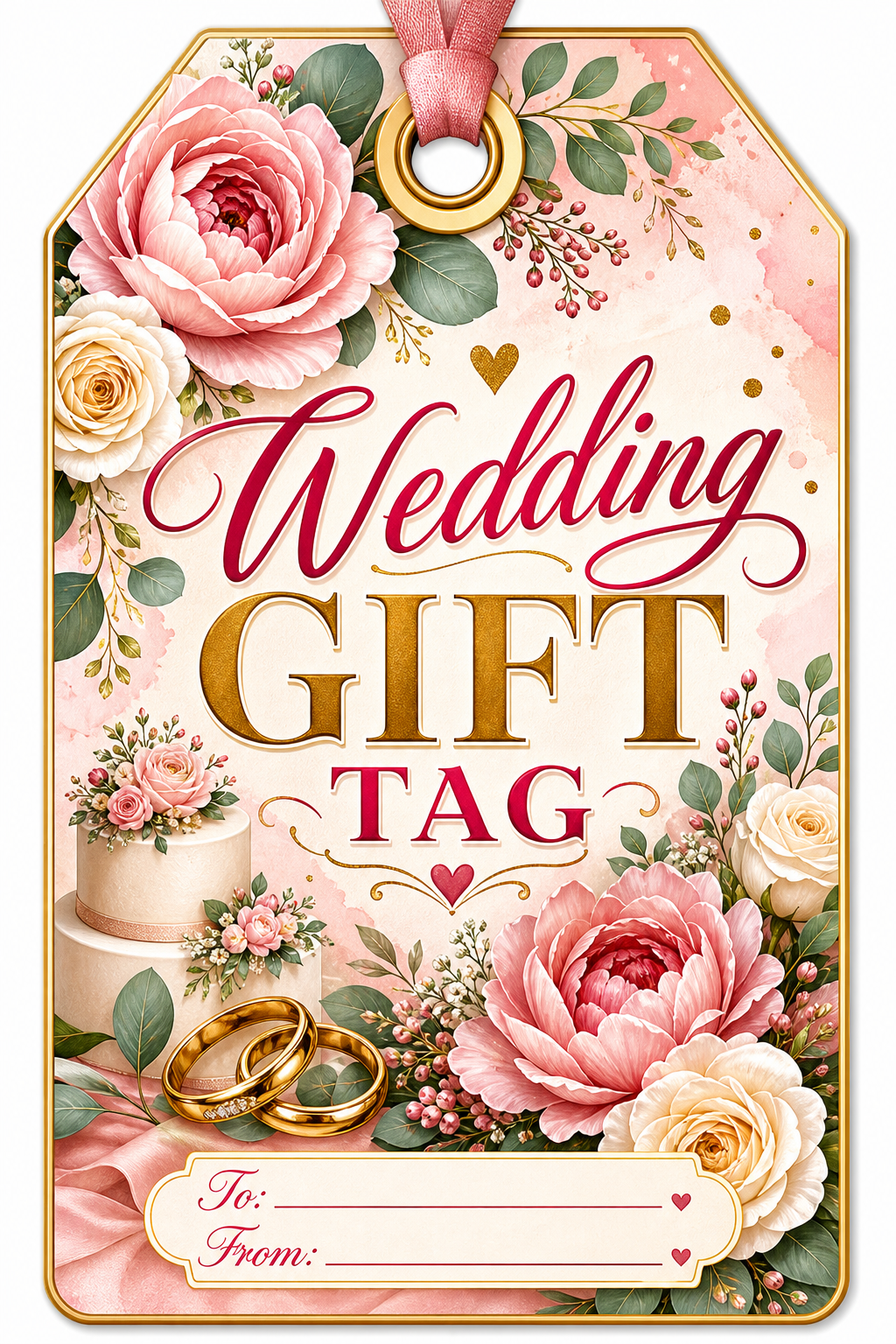 Wedding Gift Tag — vibrant style gift tag, featuring romantic floral arrangements, soft pastels (blush, ivory, sage), elegant calligraphy