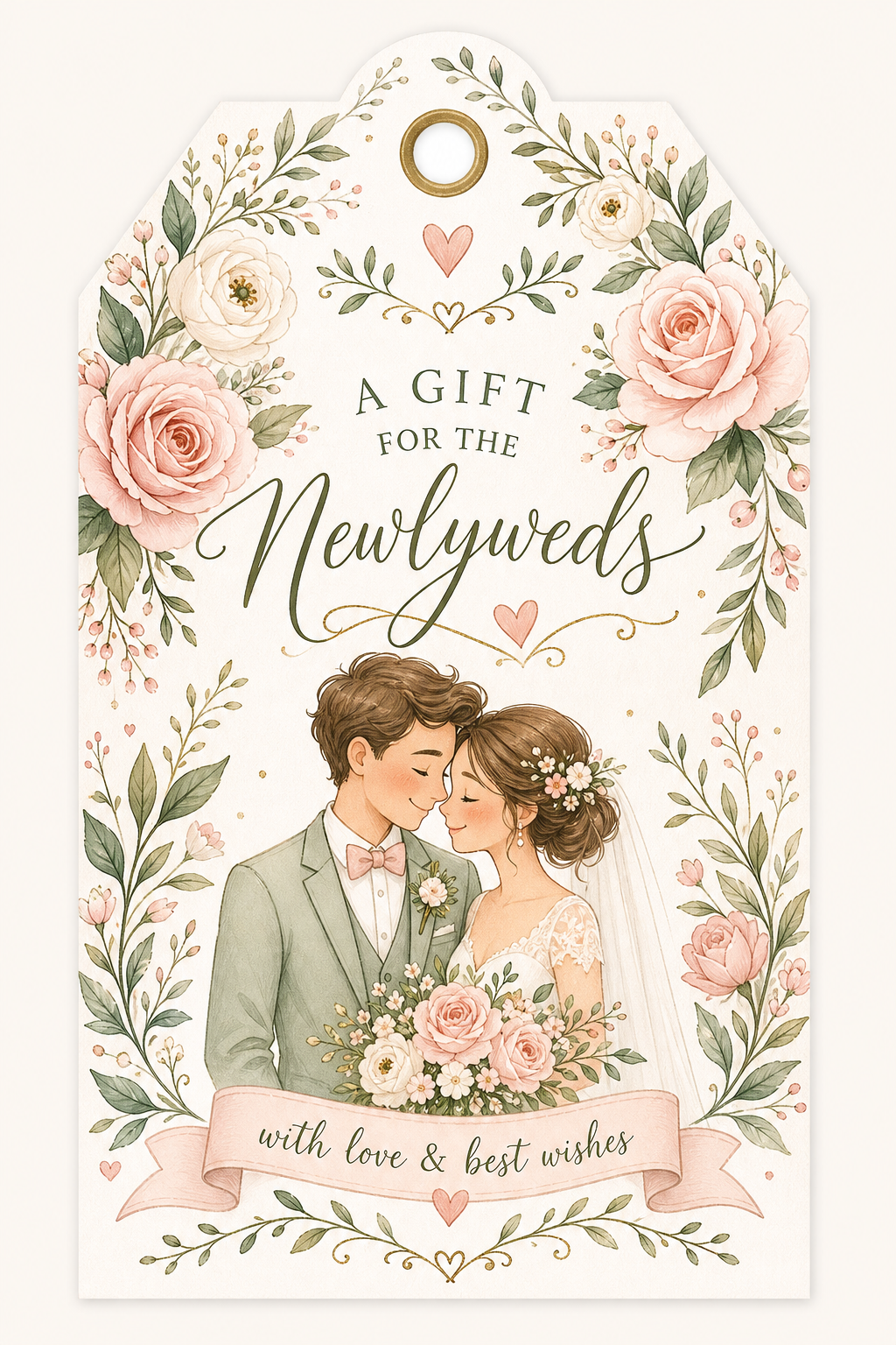Wedding Gift Tag — illustration style gift tag, featuring romantic floral arrangements, soft pastels (blush, ivory, sage), elegant calligraphy