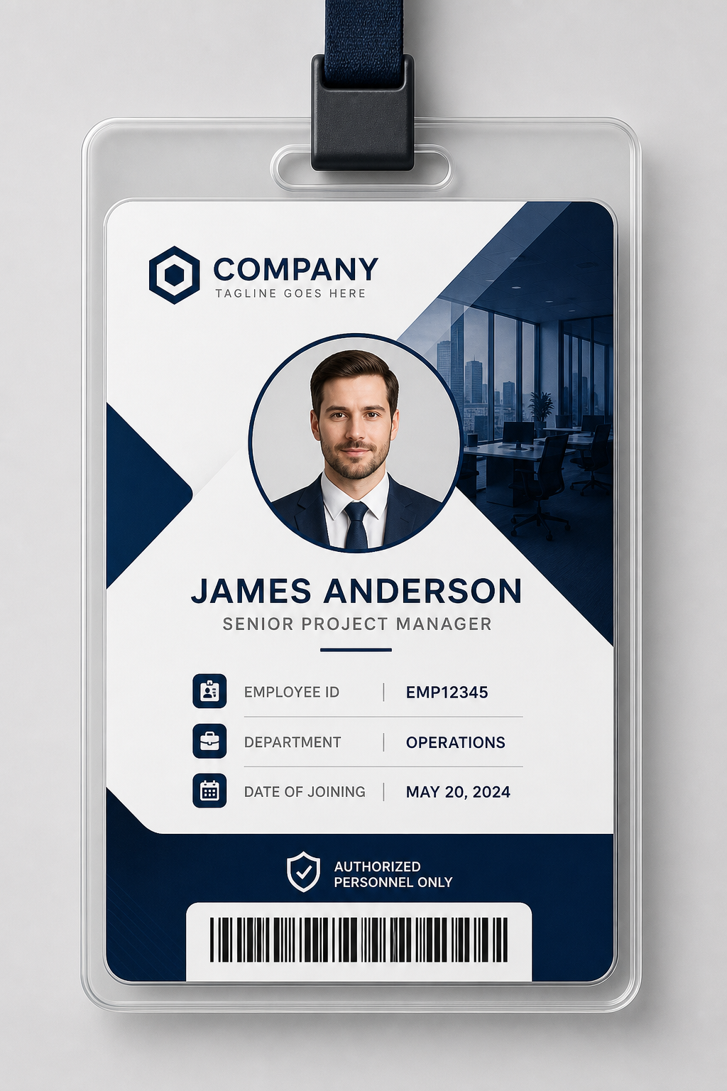 Company ID Card — corporate style id card, featuring corporate office, abstract gradient, navy and white palette