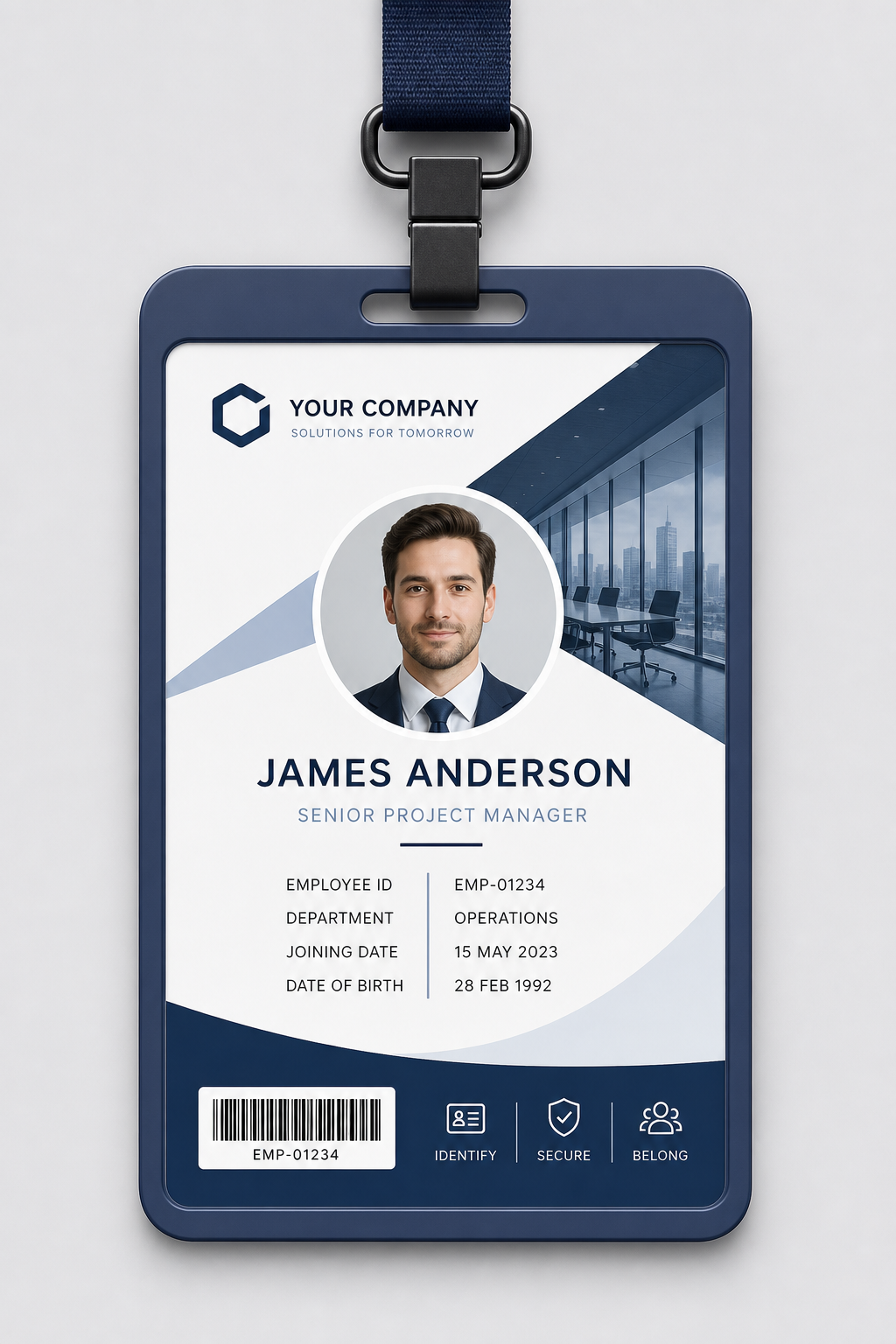 Company ID Card — modern style id card, featuring corporate office, abstract gradient, navy and white palette