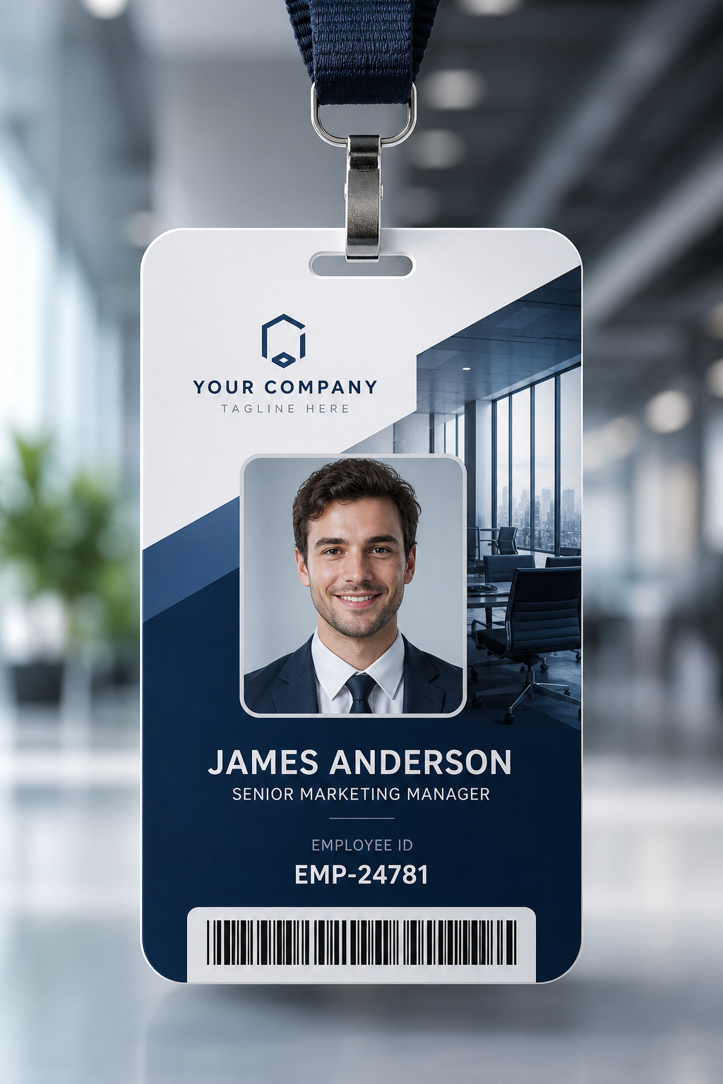 Company ID Card — photo-realistic style id card, featuring corporate office, abstract gradient, navy and white palette
