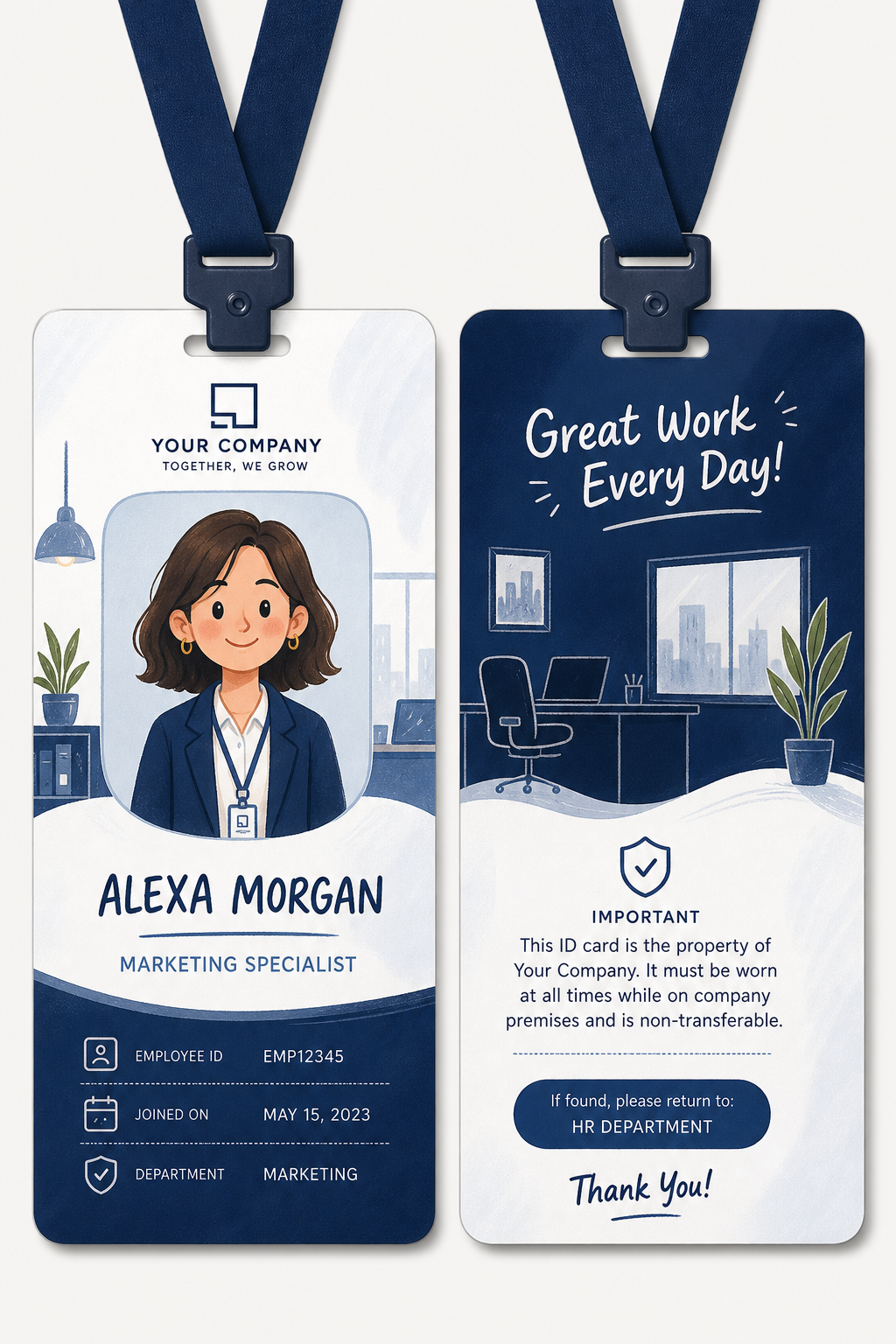 Company ID Card — illustration style id card, featuring corporate office, abstract gradient, navy and white palette