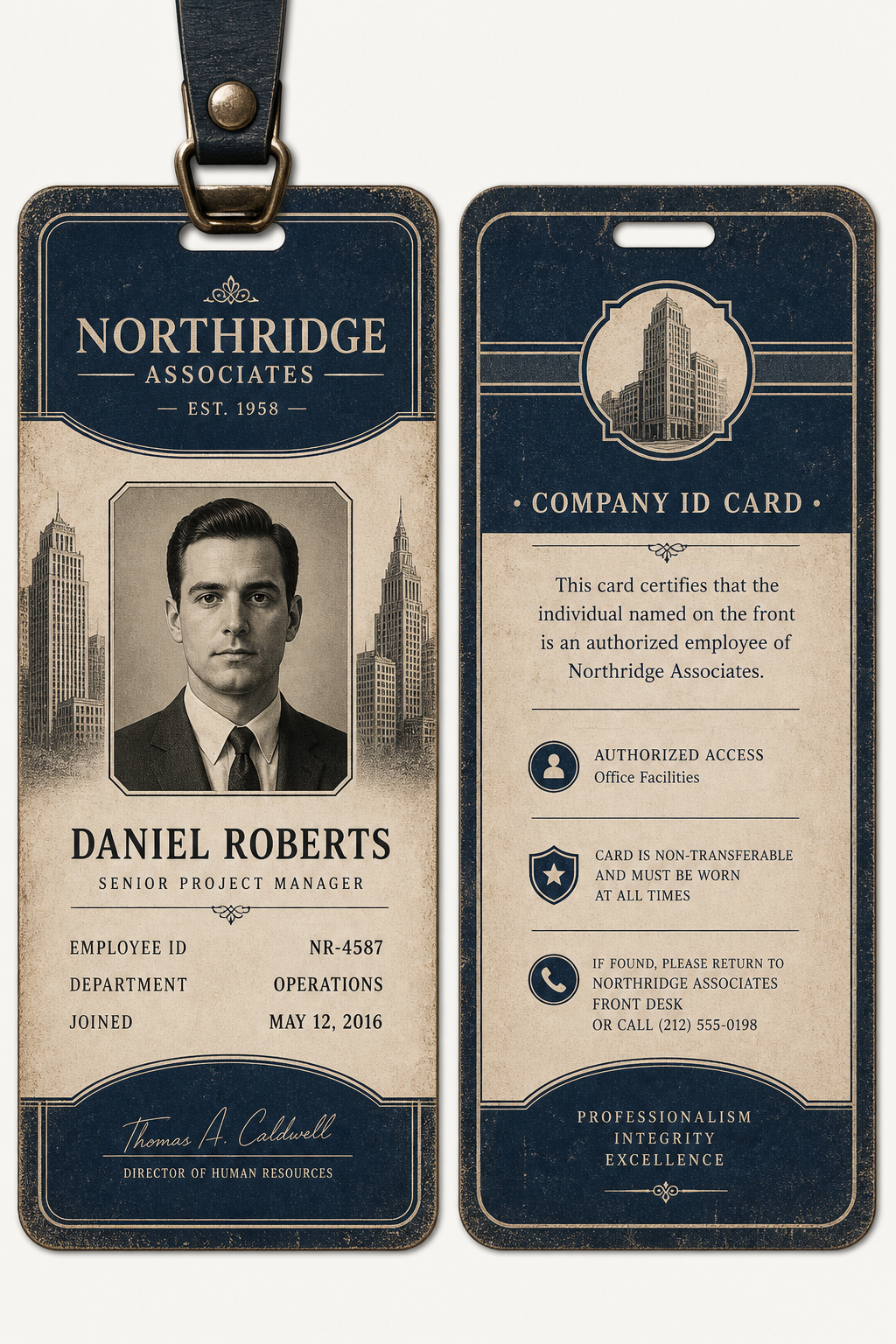 Company ID Card — vintage style id card, featuring corporate office, abstract gradient, navy and white palette