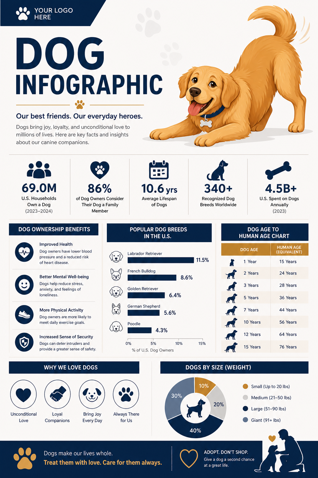 Dog Infographic — corporate style infographic, featuring friendly dog illustration, playful pose, warm palette