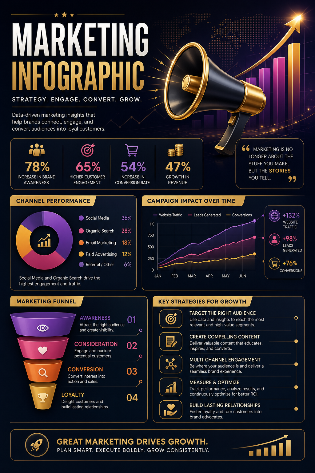 Marketing Infographic — elegant style infographic, featuring megaphone, growth charts, dynamic typography, vibrant palette