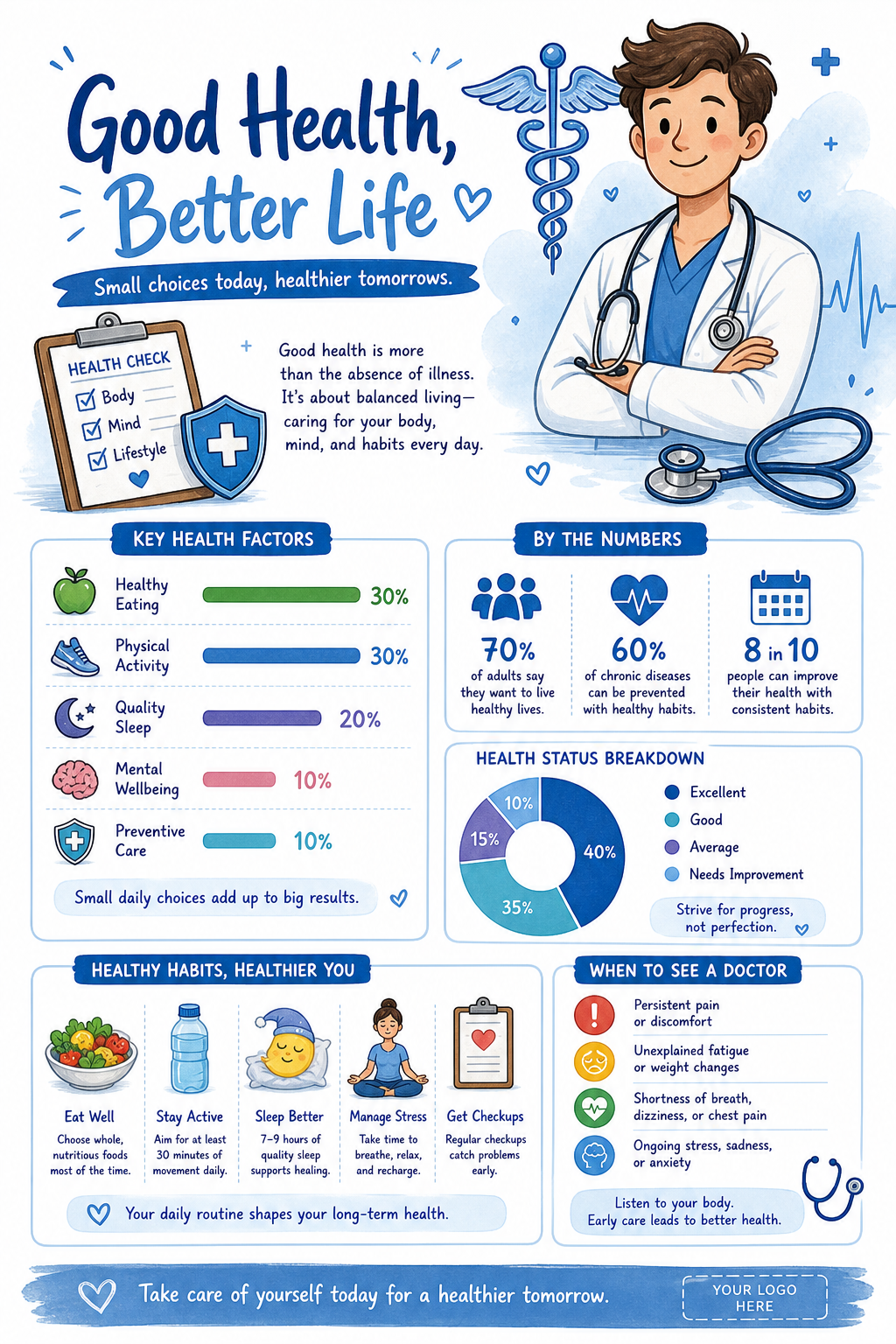 Medical Infographic — illustration style infographic, featuring caduceus, stethoscope, clean white/blue palette, healthcare imagery