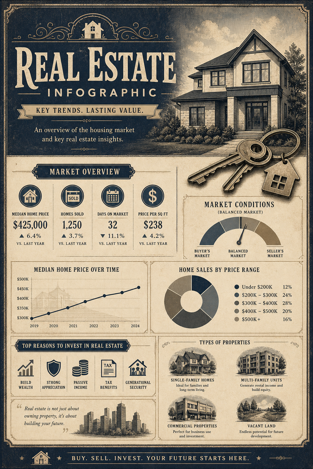 Real Estate Infographic — vintage style infographic, featuring houses, keys, modern architecture, navy and grey palette, professional