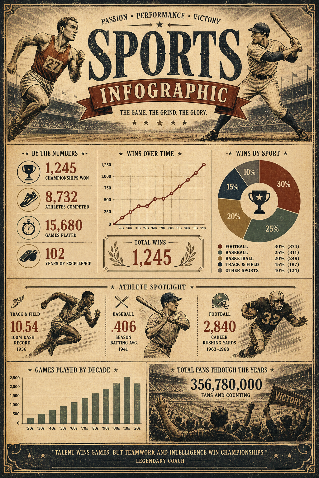Sports Infographic — vintage style infographic, featuring athletic action poses, stadium imagery, dynamic motion lines