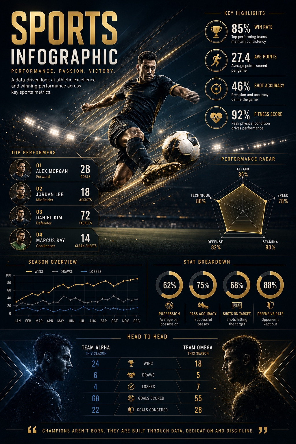 Sports Infographic — elegant style infographic, featuring athletic action poses, stadium imagery, dynamic motion lines