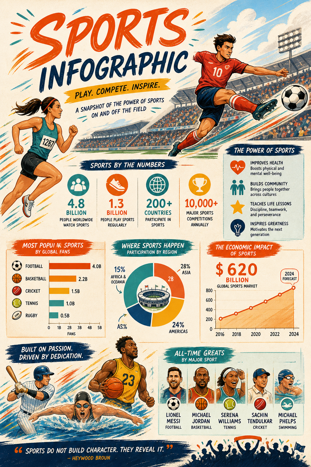 Sports Infographic — illustration style infographic, featuring athletic action poses, stadium imagery, dynamic motion lines