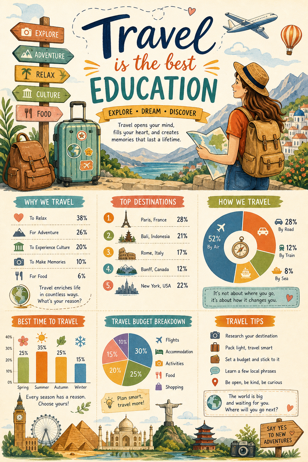 Travel Infographic — illustration style infographic, featuring landmarks, suitcase, plane, scenic vistas