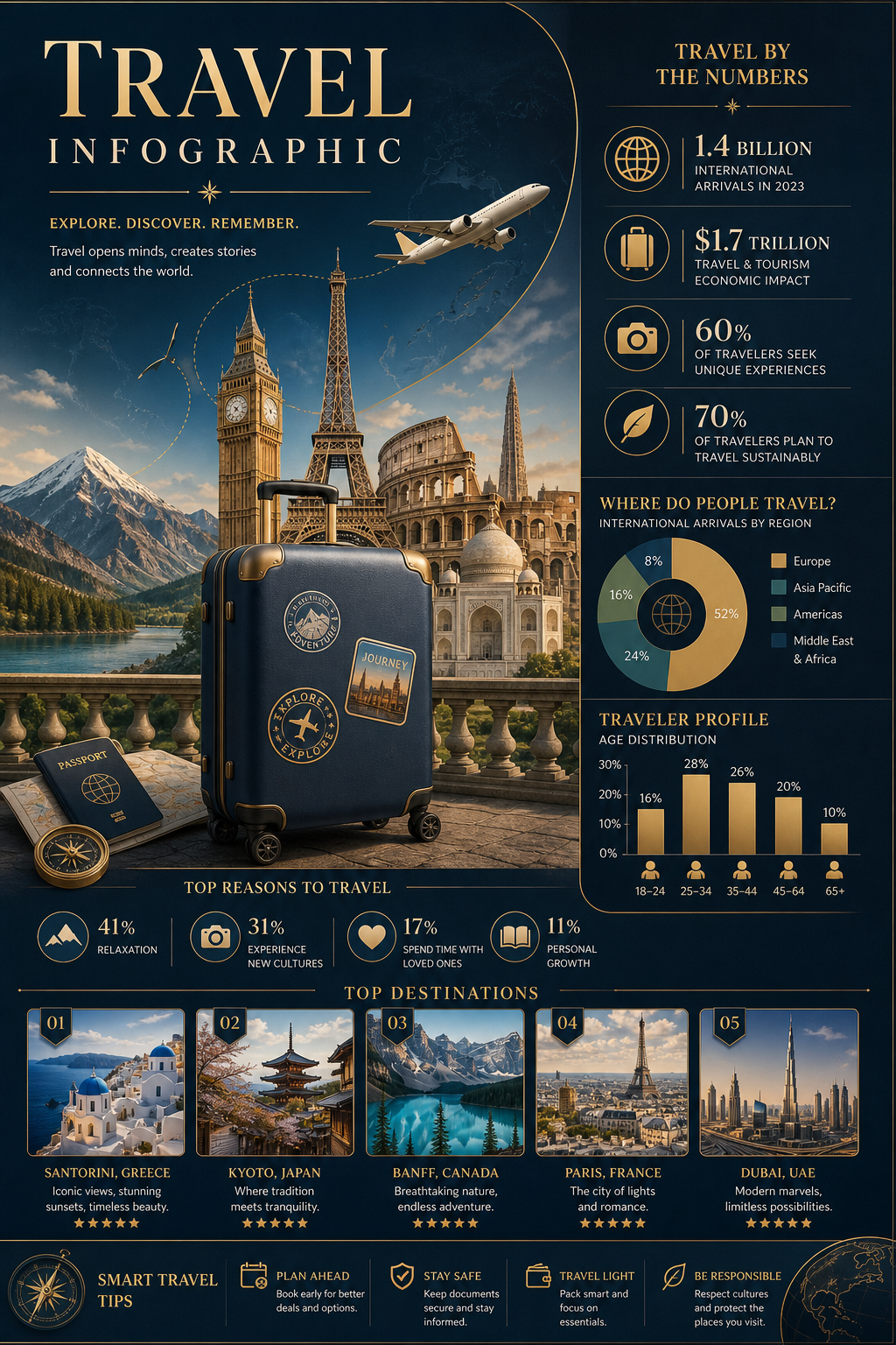 Travel Infographic — elegant style infographic, featuring landmarks, suitcase, plane, scenic vistas