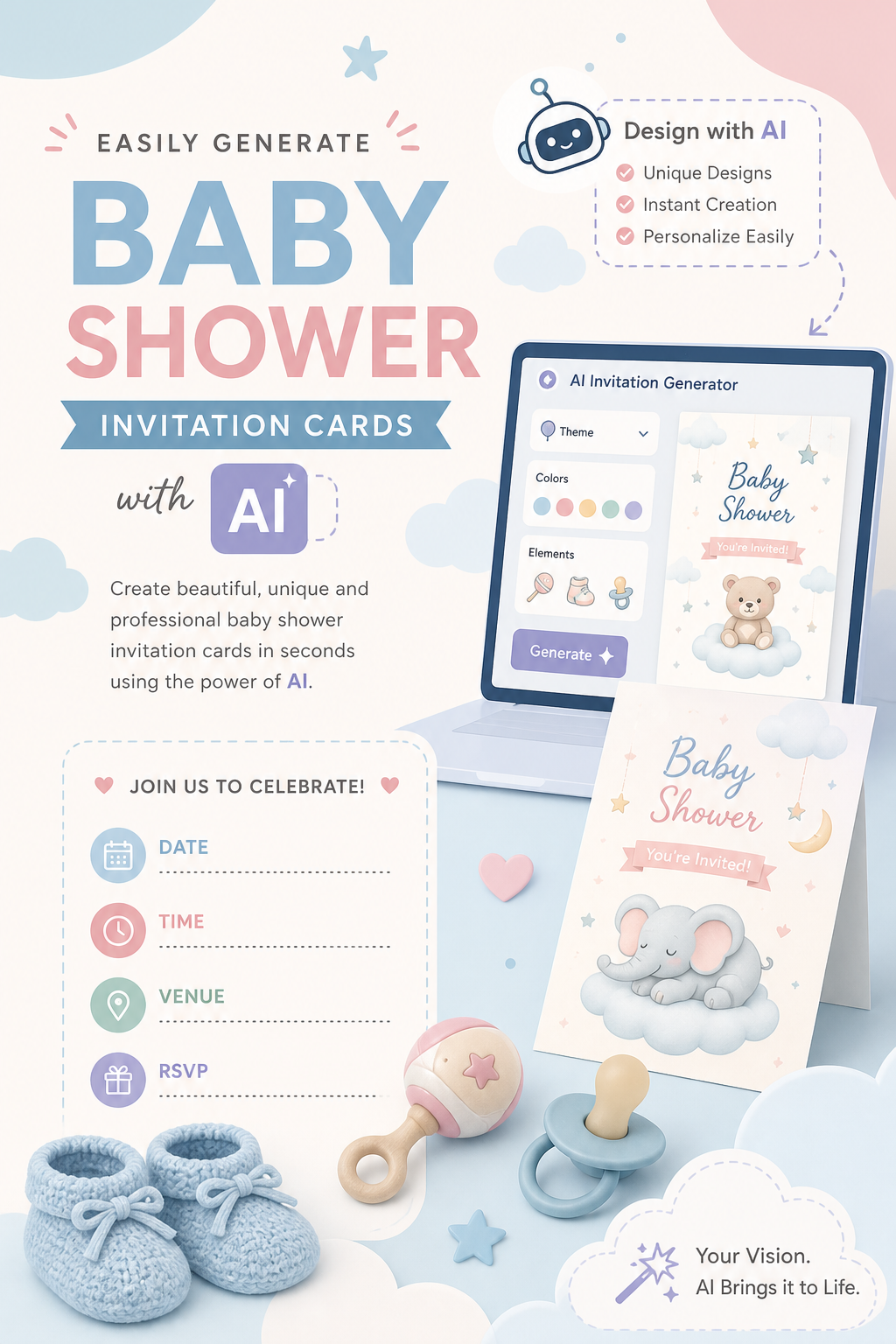 Easily Generate Baby Shower Invitation Cards with AI — modern style invitation card, featuring soft pastels, baby motifs (booties, rattles, pacifiers), gentle clouds