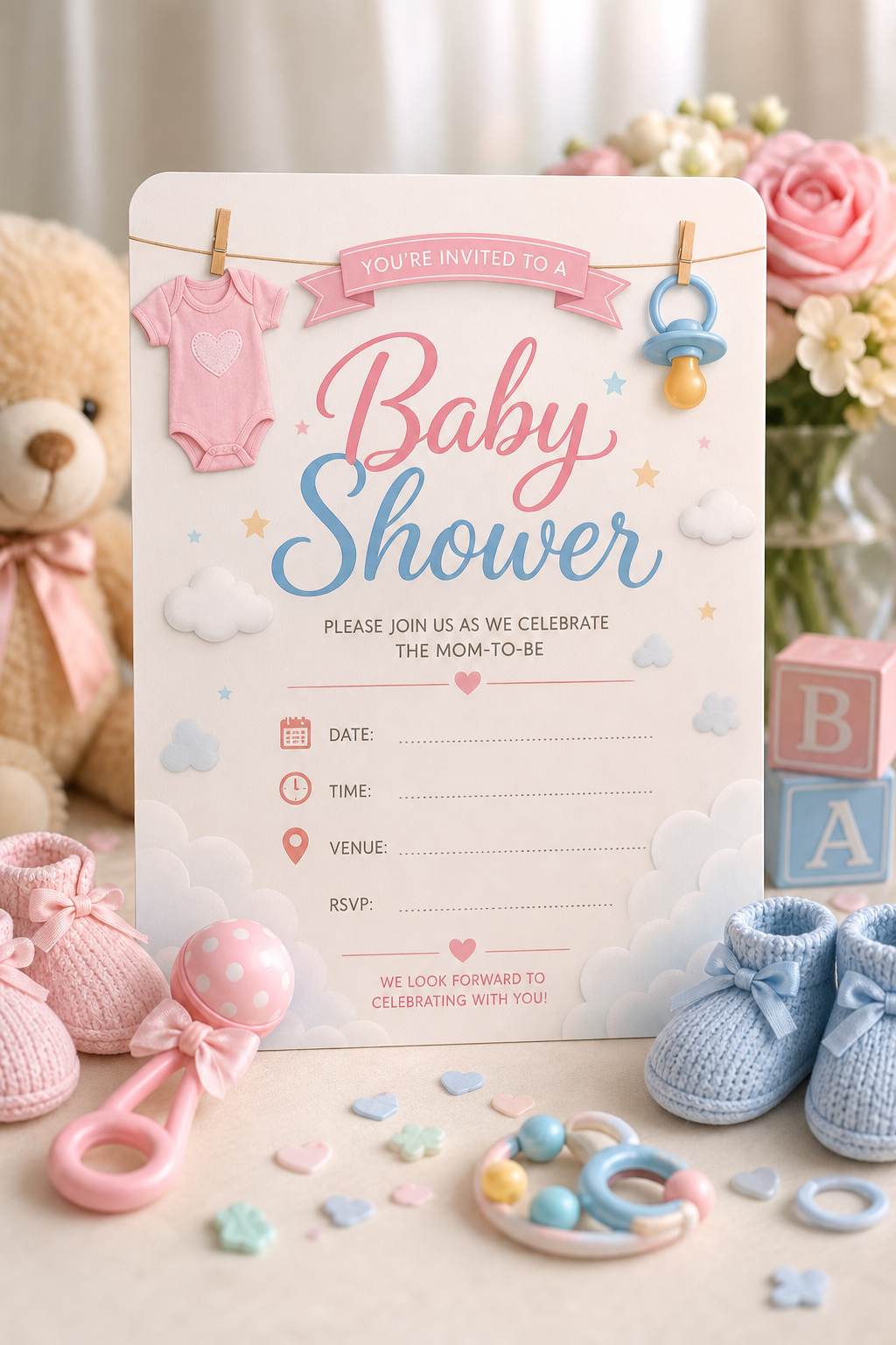 Easily Generate Baby Shower Invitation Cards with AI — photo-realistic style invitation card, featuring soft pastels, baby motifs (booties, rattles, pacifiers), gentle clouds