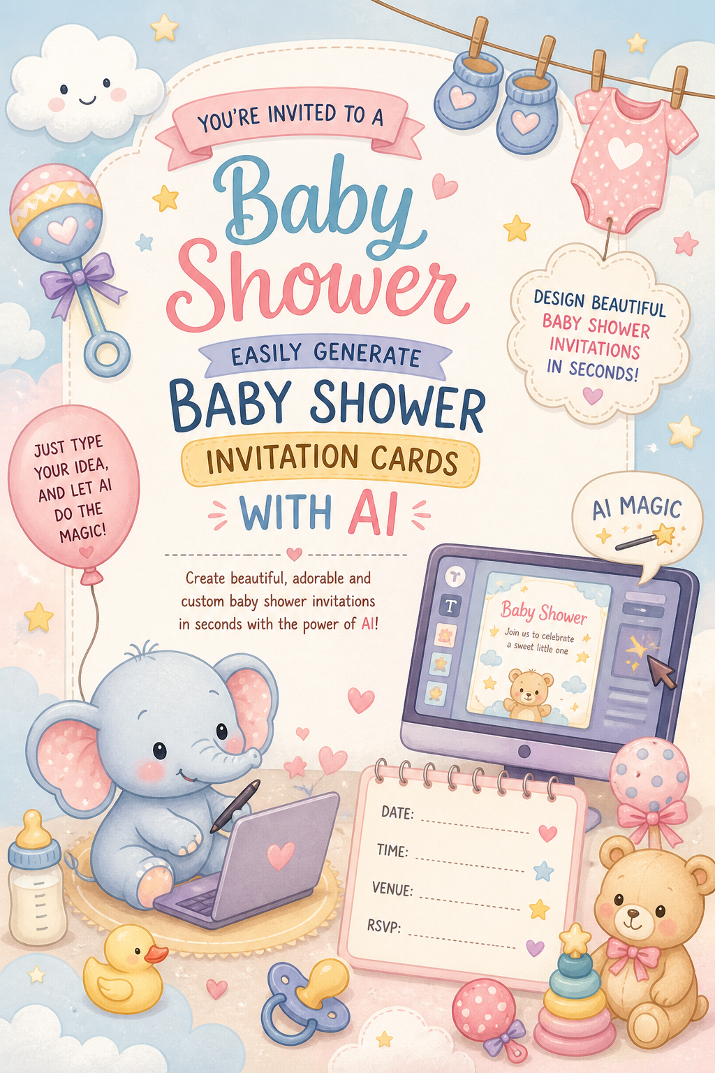 Easily Generate Baby Shower Invitation Cards with AI — illustration style invitation card, featuring soft pastels, baby motifs (booties, rattles, pacifiers), gentle clouds