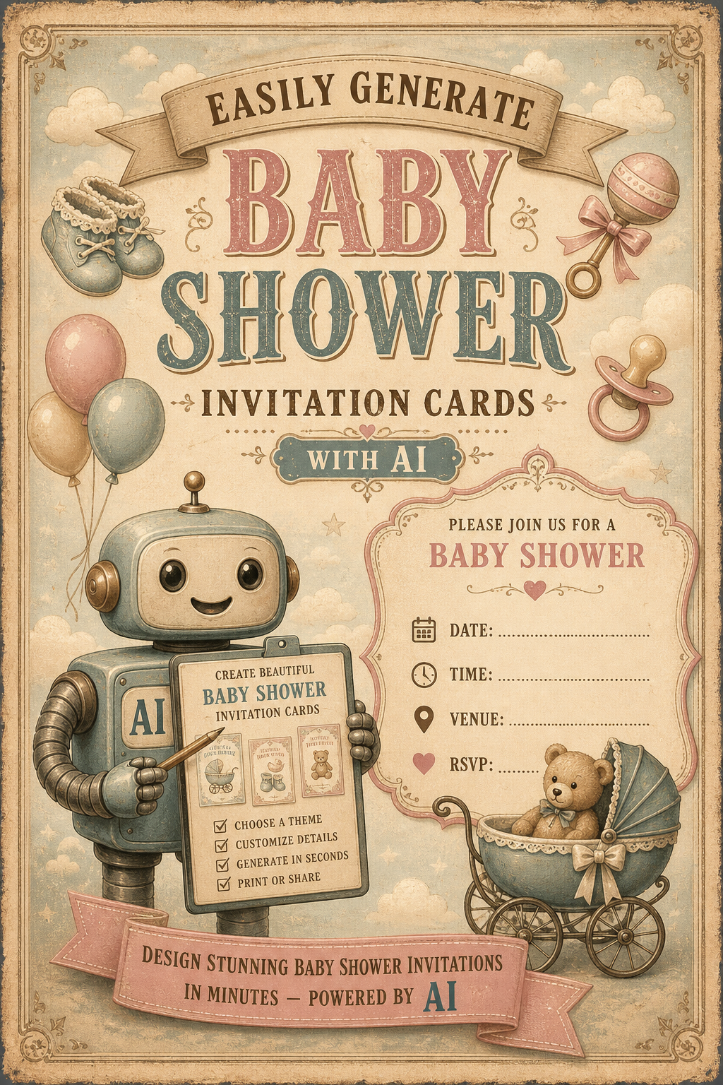 Easily Generate Baby Shower Invitation Cards with AI — vintage style invitation card, featuring soft pastels, baby motifs (booties, rattles, pacifiers), gentle clouds