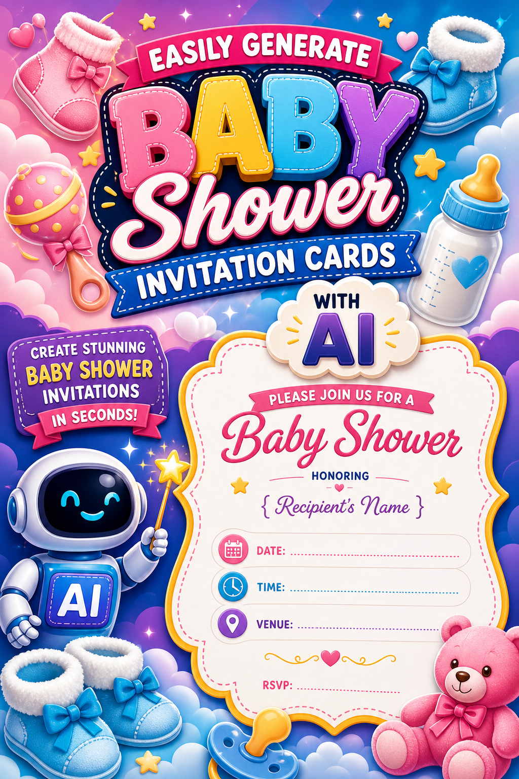Easily Generate Baby Shower Invitation Cards with AI — vibrant style invitation card, featuring soft pastels, baby motifs (booties, rattles, pacifiers), gentle clouds
