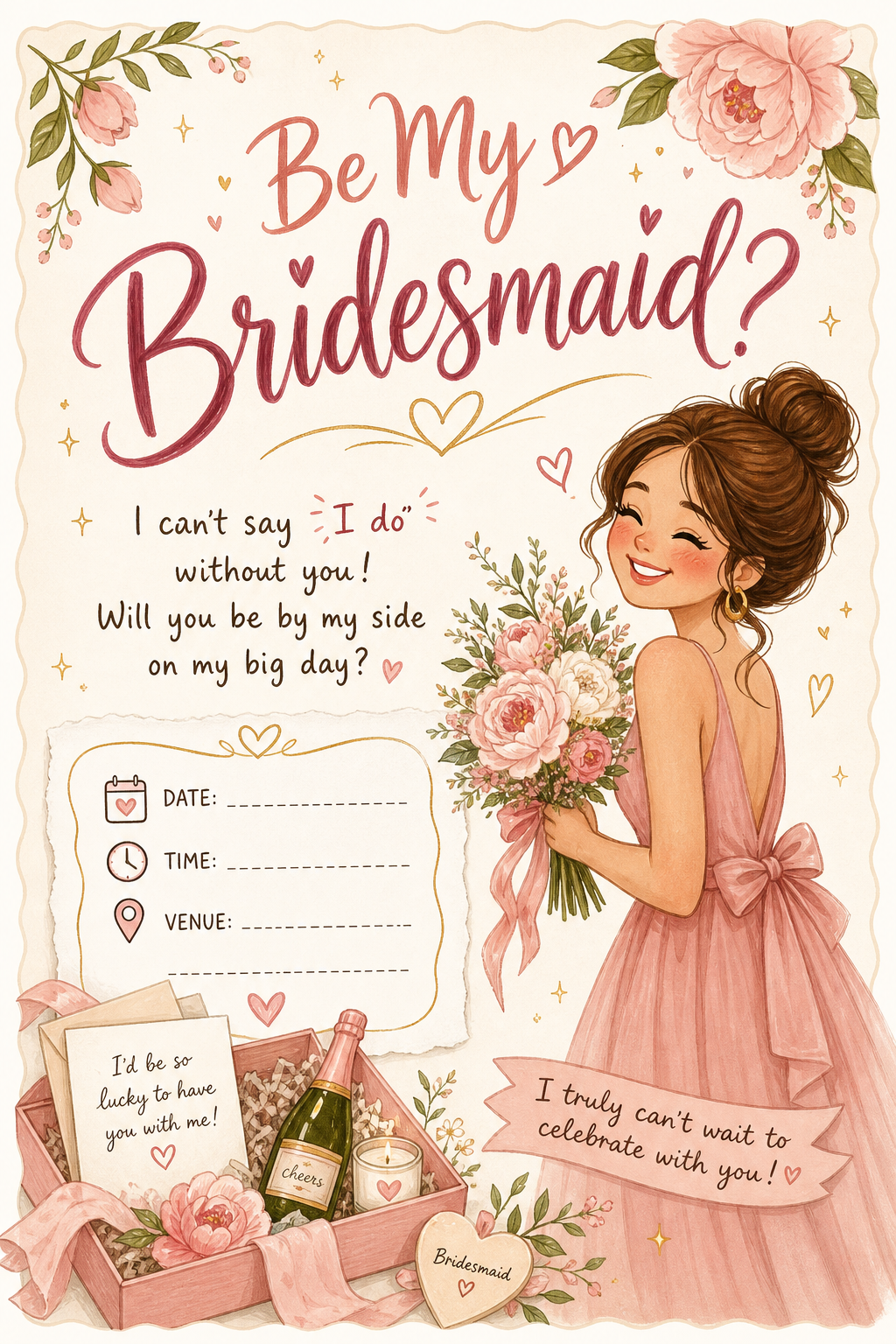 Be My Bridesmaid Invitation — illustration style invitation card