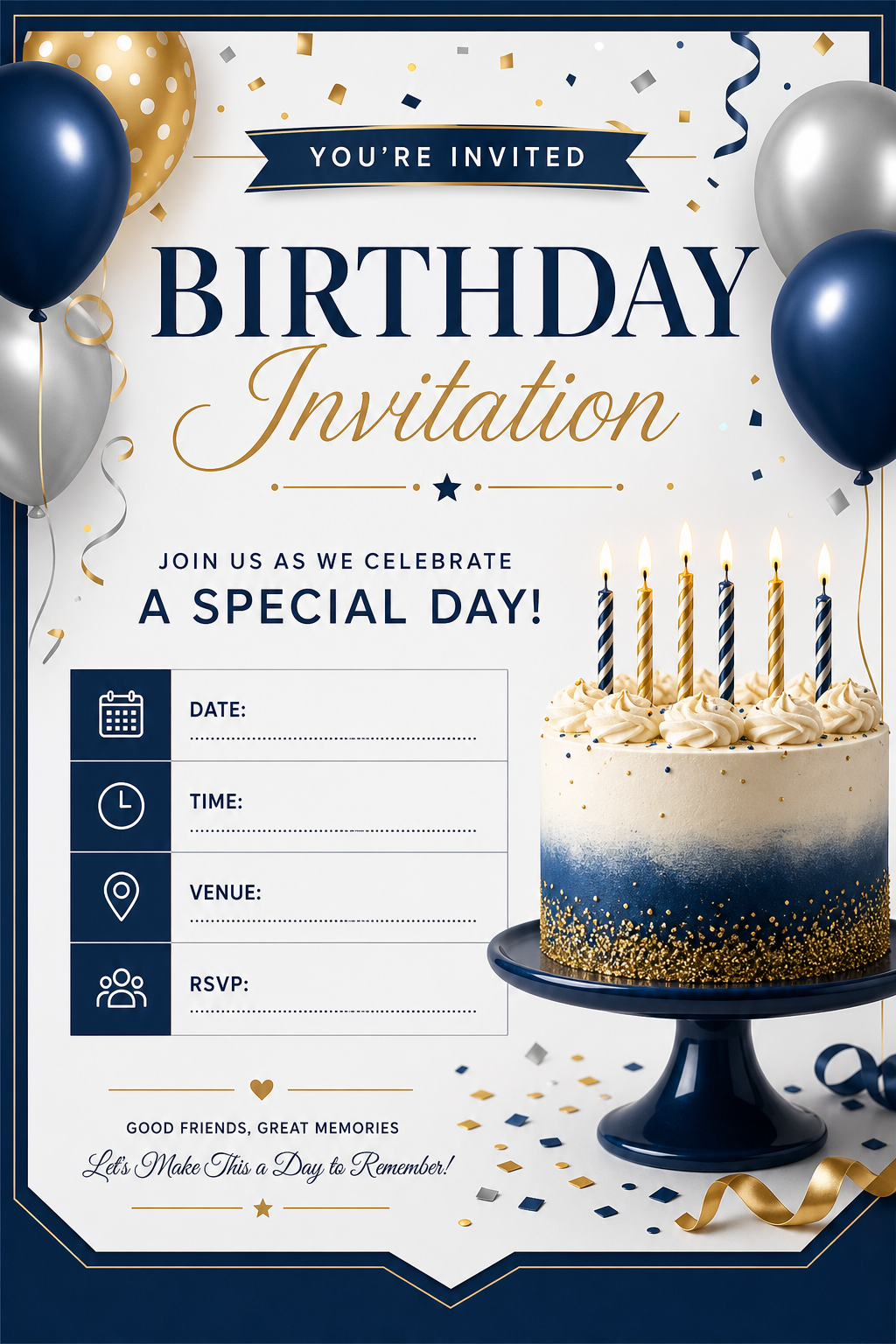 Birthday Invitation — corporate style invitation card, featuring balloons, birthday cake, candles, confetti, festive bright colors