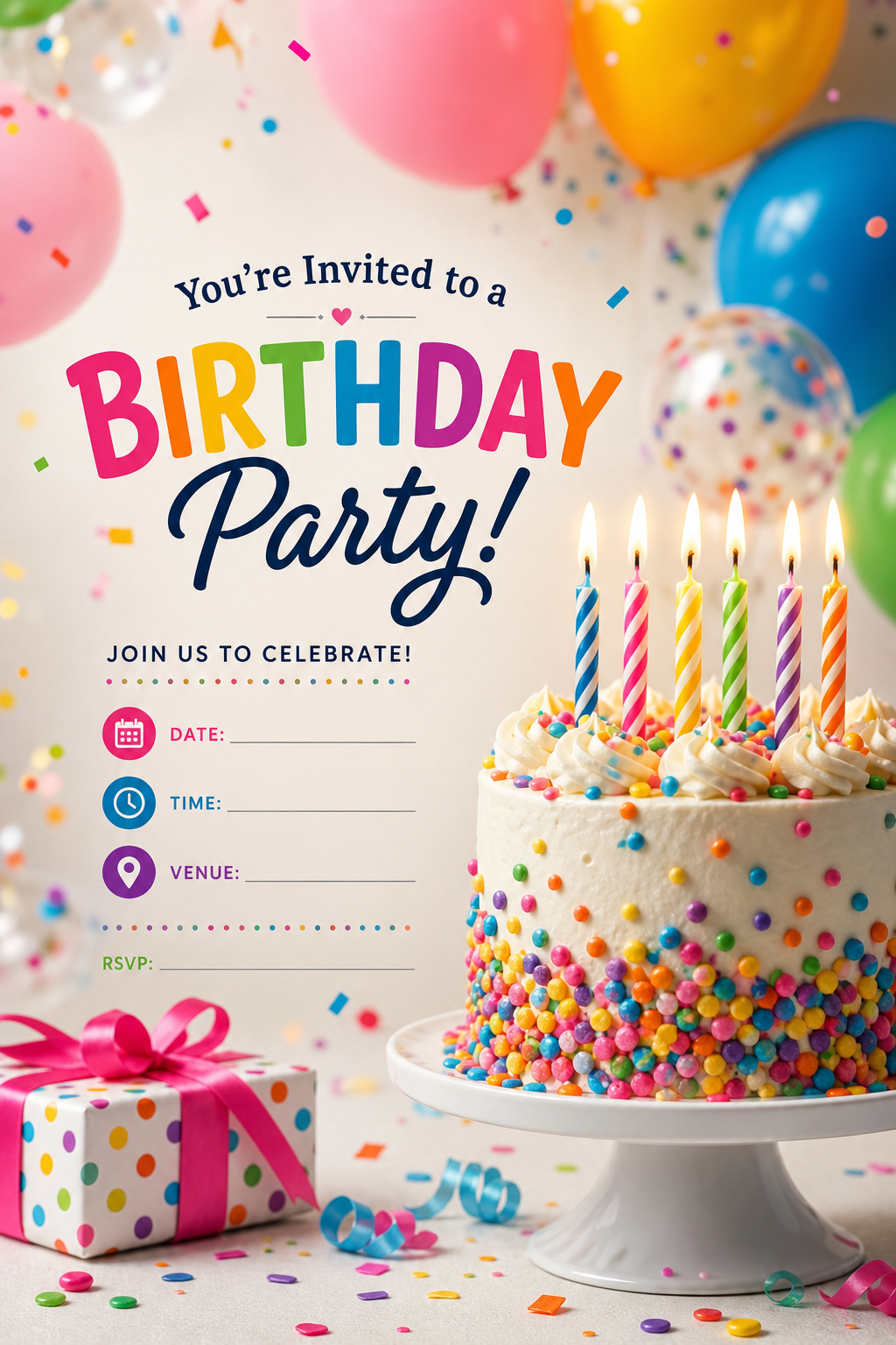 Birthday Invitation — photo-realistic style invitation card, featuring balloons, birthday cake, candles, confetti, festive bright colors