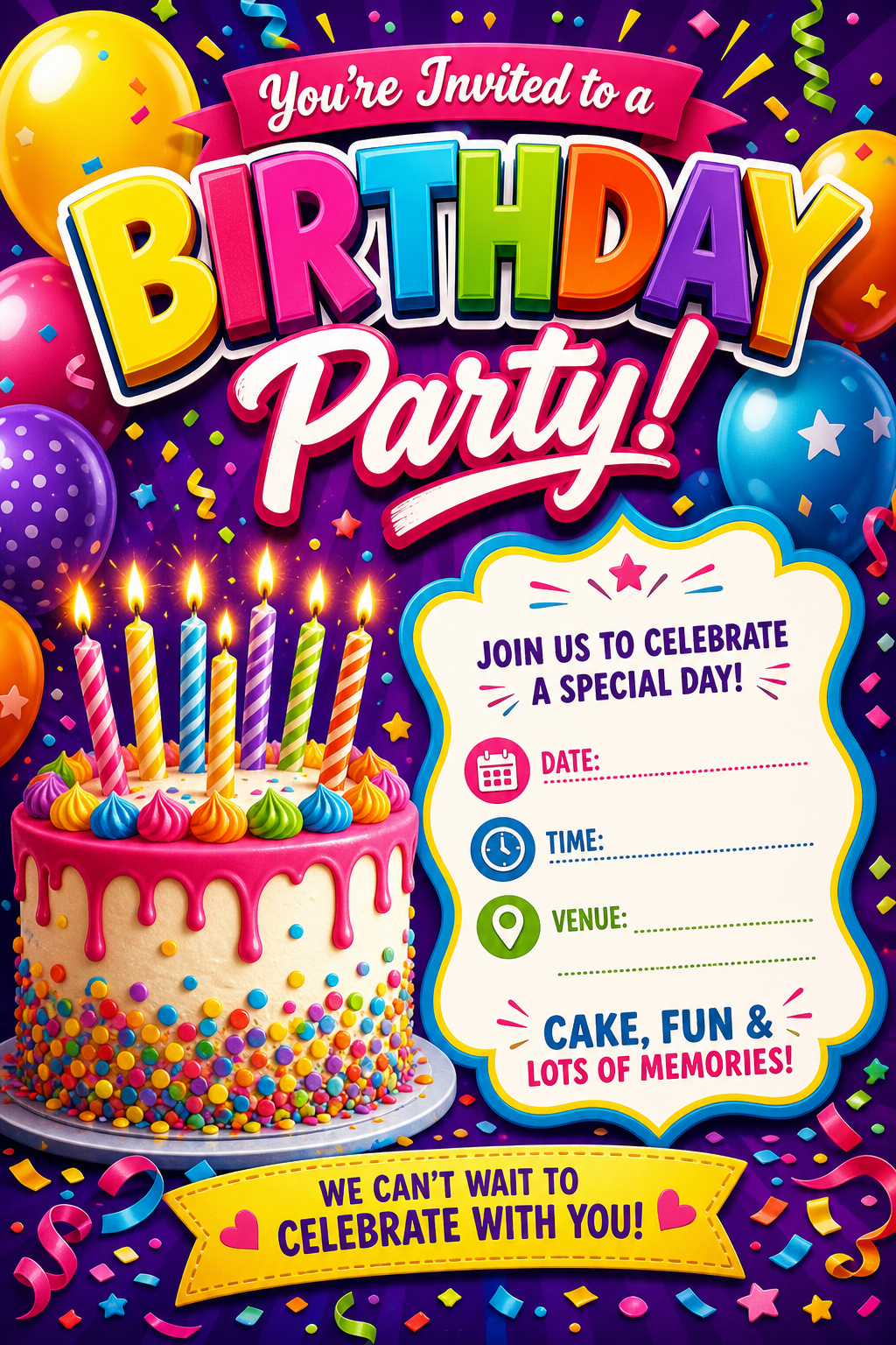 Birthday Invitation — vibrant style invitation card, featuring balloons, birthday cake, candles, confetti, festive bright colors
