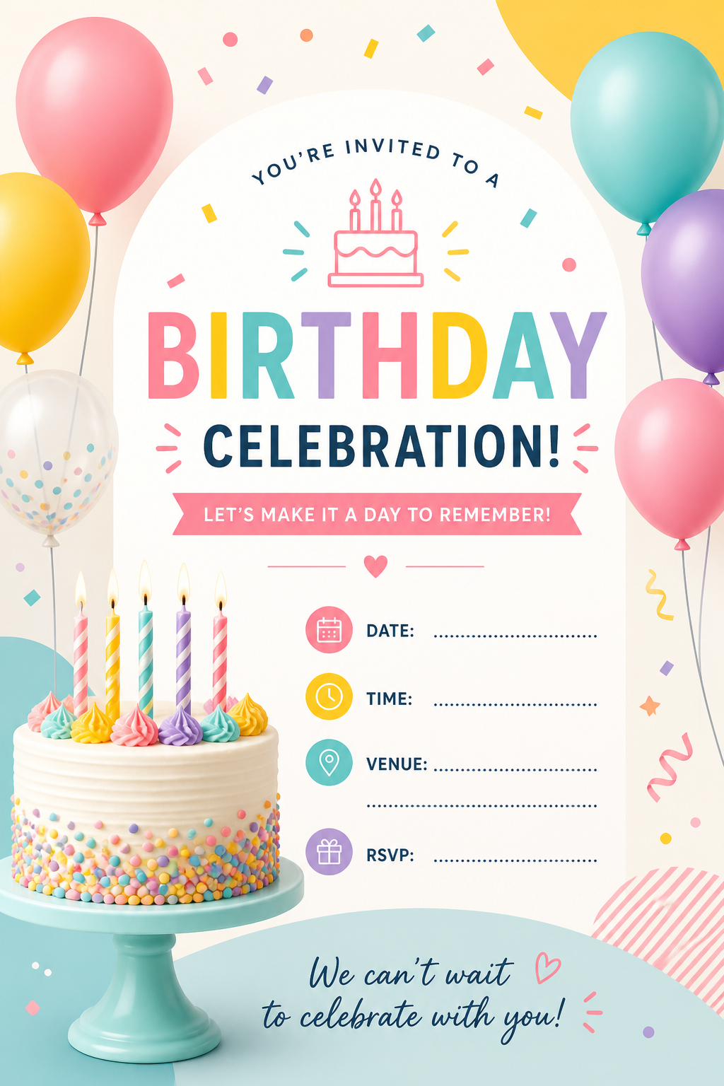 Birthday Invitation — modern style invitation card, featuring balloons, birthday cake, candles, confetti, festive bright colors