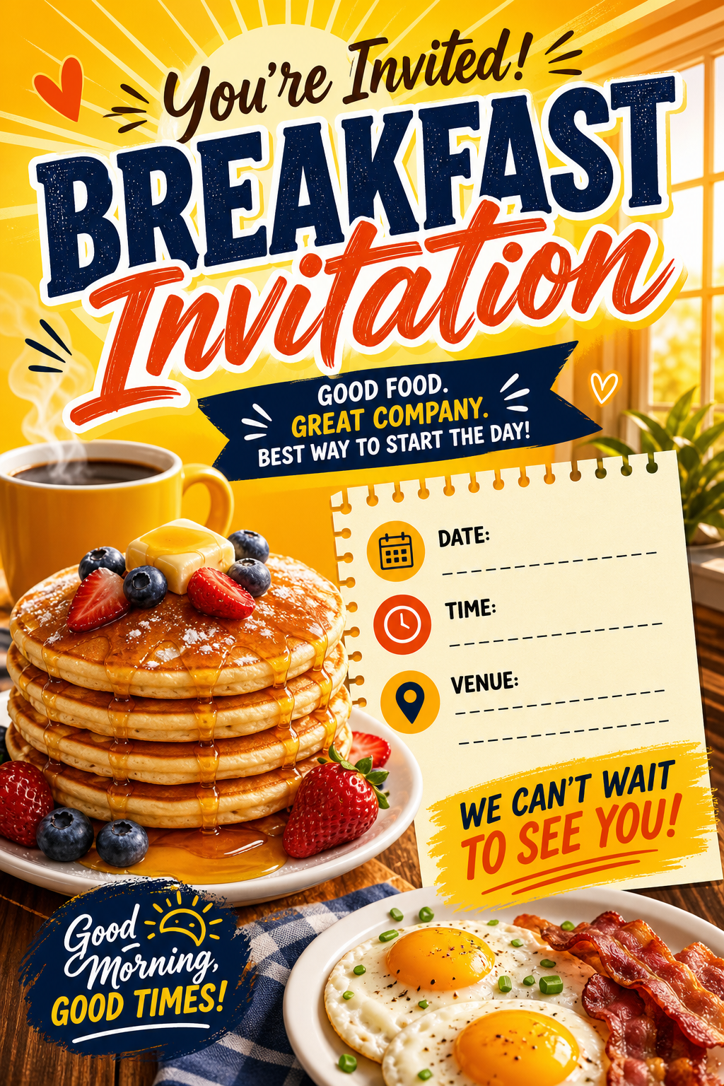 Breakfast Invitation — vibrant style invitation card, featuring pancakes, eggs, coffee, morning light, warm yellows