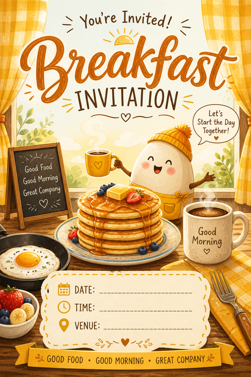 Breakfast Invitation — illustration style invitation card, featuring pancakes, eggs, coffee, morning light, warm yellows