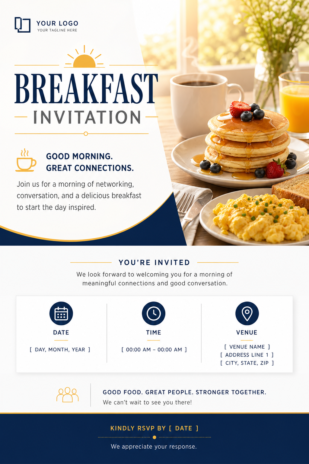 Breakfast Invitation — corporate style invitation card, featuring pancakes, eggs, coffee, morning light, warm yellows