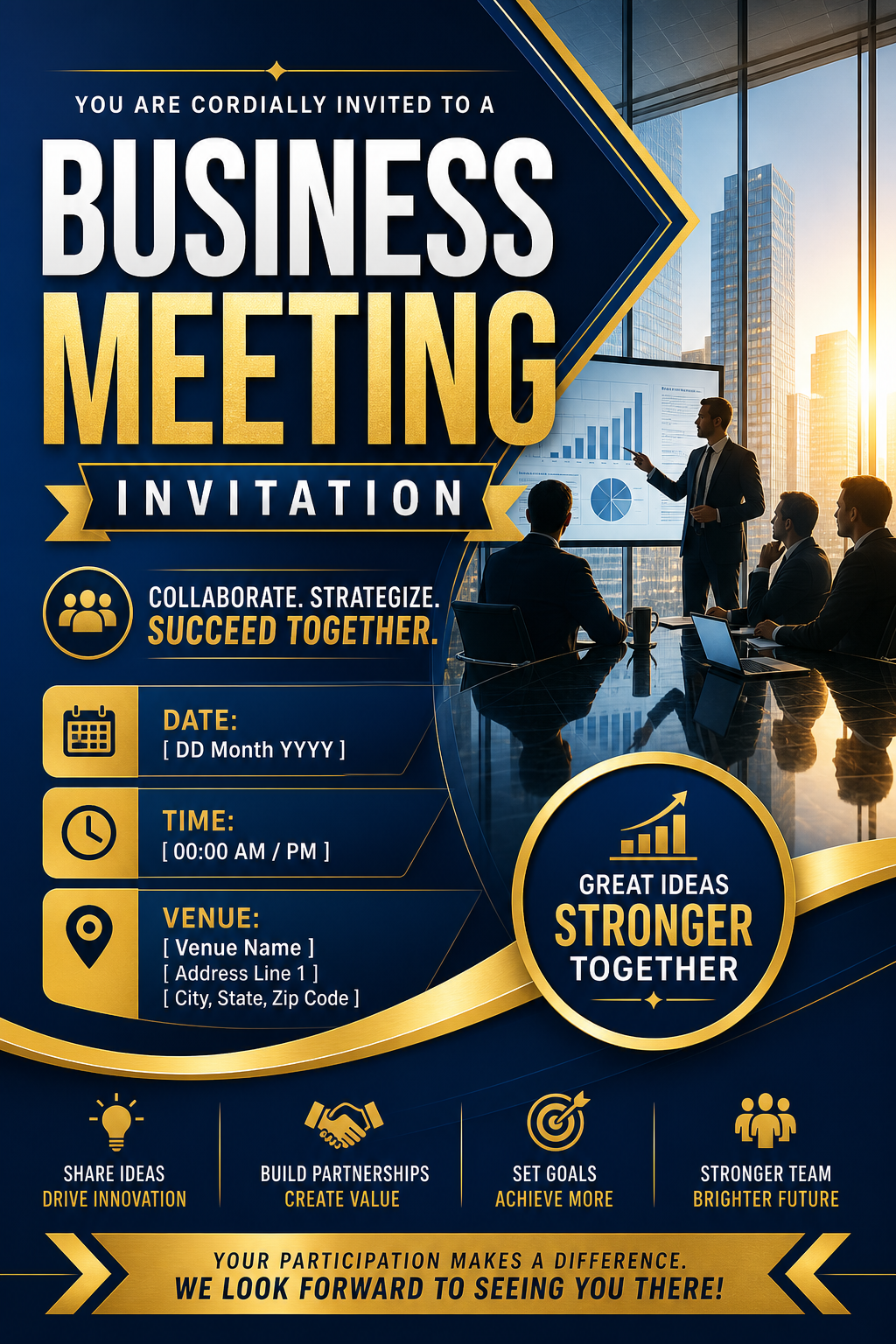 Business Meeting Invitation — vibrant style invitation card, featuring professional office imagery, suit silhouettes, navy and gold palette