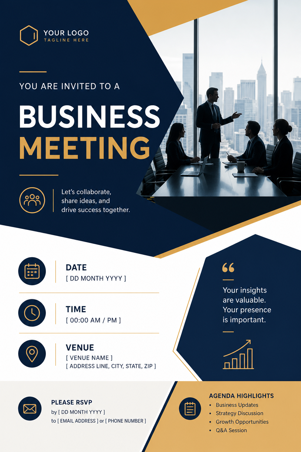 Business Meeting Invitation — modern style invitation card, featuring professional office imagery, suit silhouettes, navy and gold palette