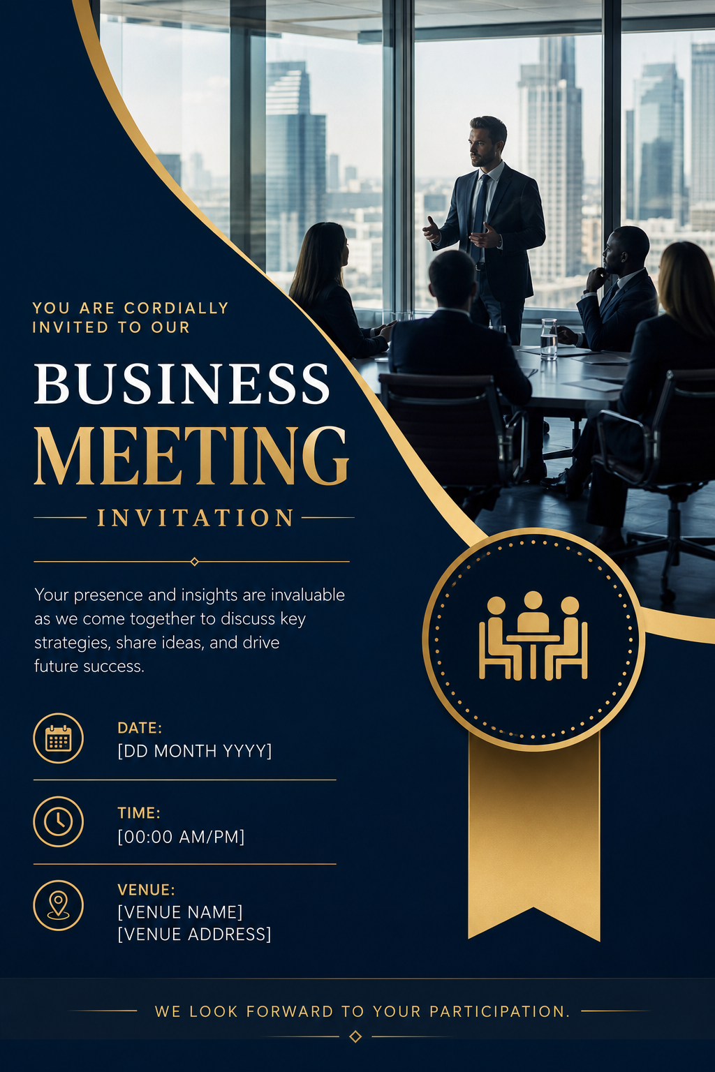 Business Meeting Invitation — photo-realistic style invitation card, featuring professional office imagery, suit silhouettes, navy and gold palette