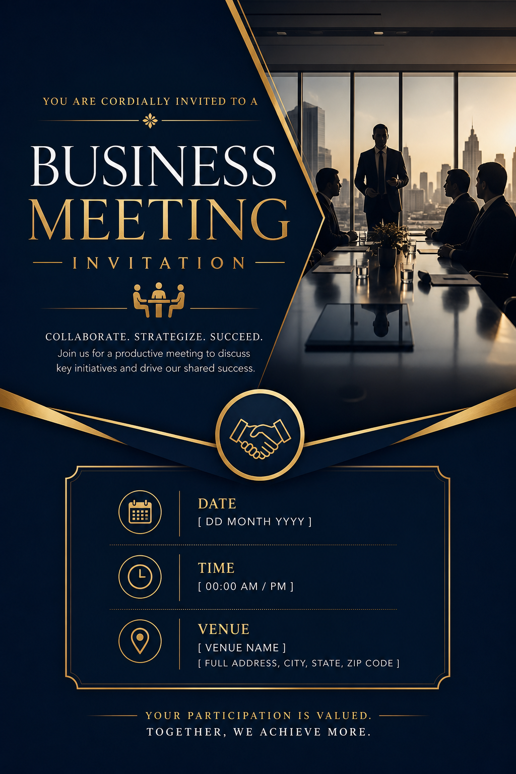Business Meeting Invitation — elegant style invitation card, featuring professional office imagery, suit silhouettes, navy and gold palette