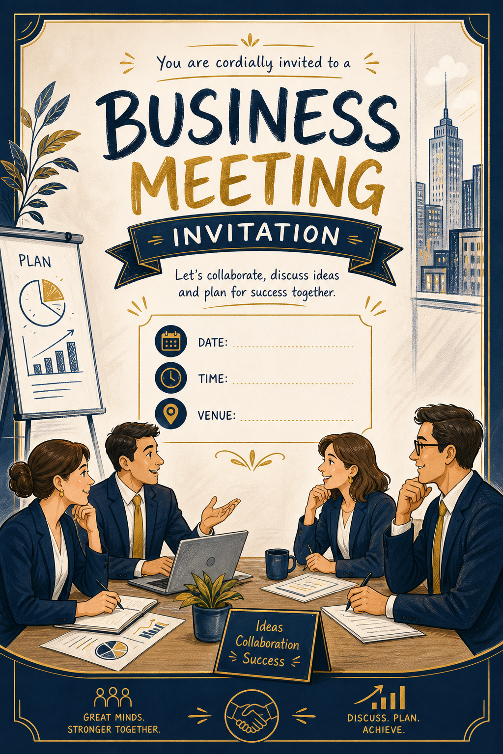 Business Meeting Invitation — illustration style invitation card, featuring professional office imagery, suit silhouettes, navy and gold palette