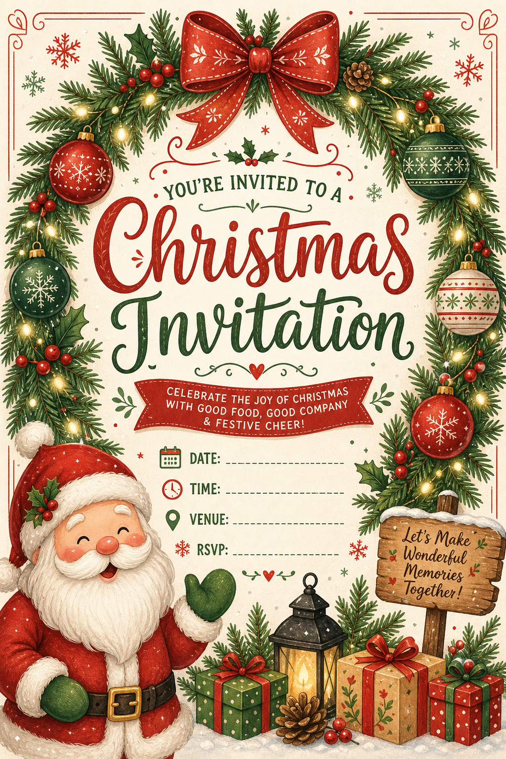 Christmas Invitation — illustration style invitation card, featuring pine wreaths, ornaments, red and green palette, snowflakes, festive lights