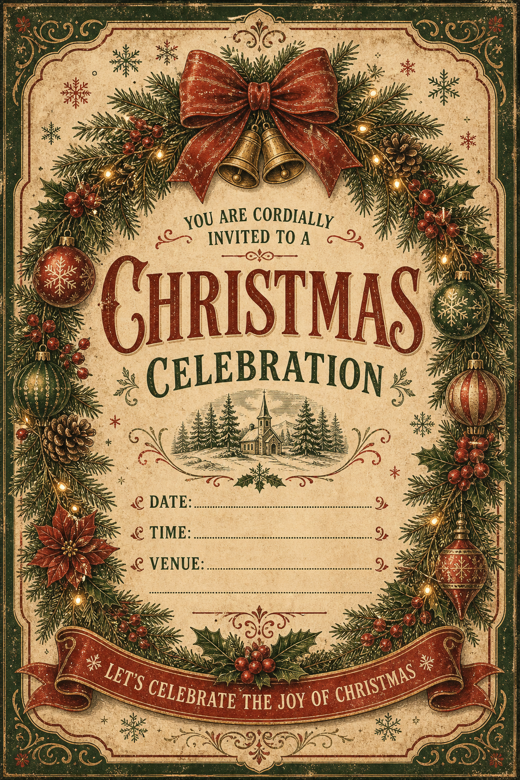 Christmas Invitation — vintage style invitation card, featuring pine wreaths, ornaments, red and green palette, snowflakes, festive lights
