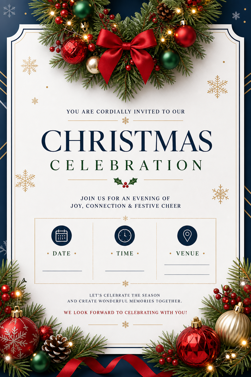 Christmas Invitation — corporate style invitation card, featuring pine wreaths, ornaments, red and green palette, snowflakes, festive lights
