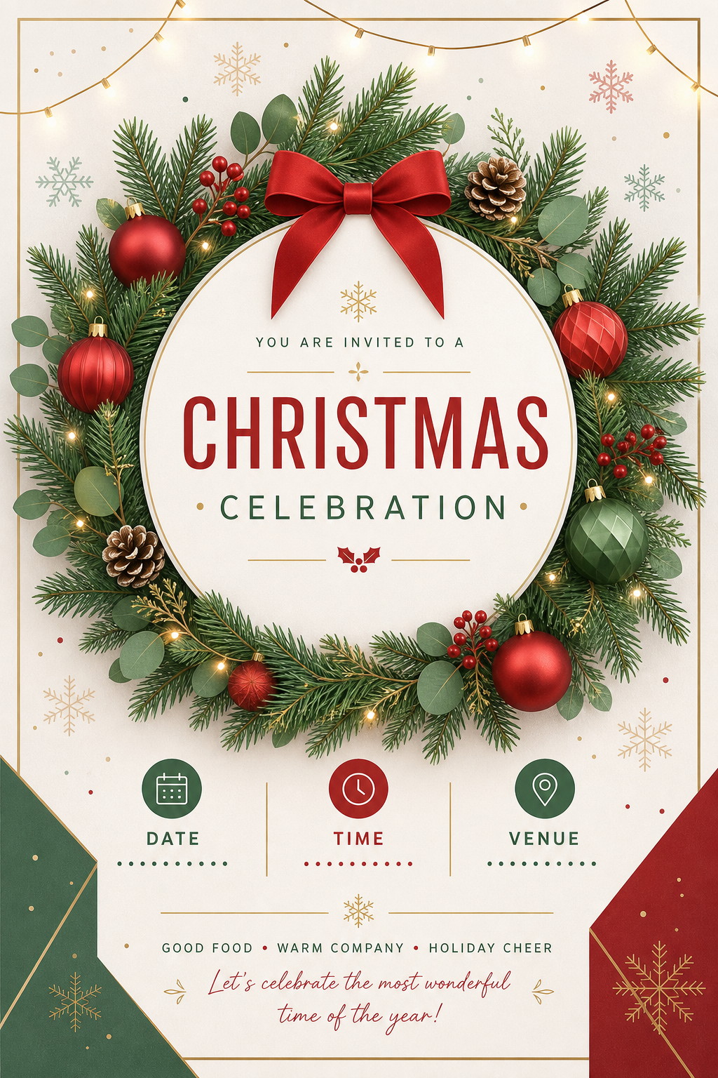Christmas Invitation — modern style invitation card, featuring pine wreaths, ornaments, red and green palette, snowflakes, festive lights