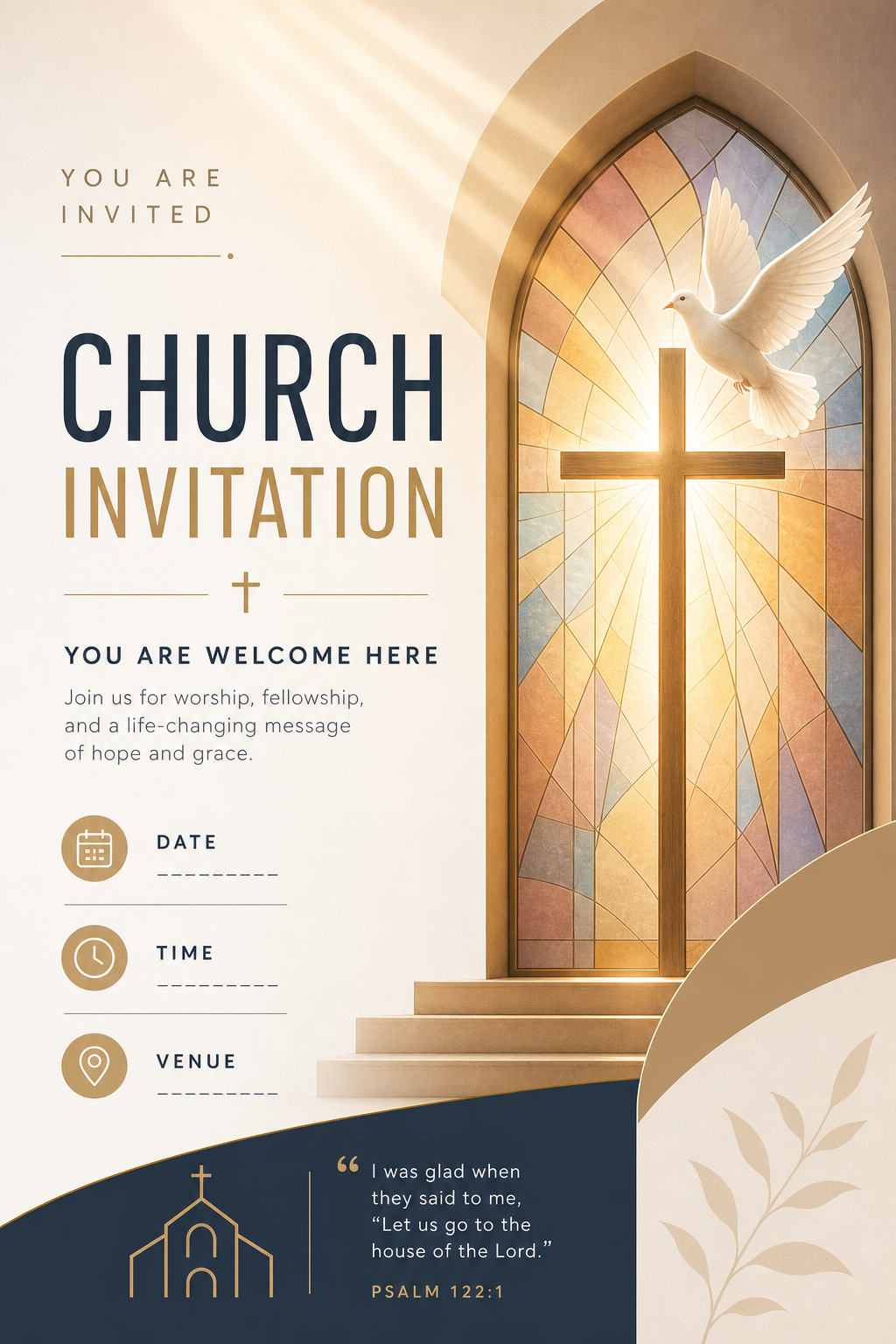 Church Invitation — modern style invitation card, featuring cross, stained glass, dove, warm divine palette