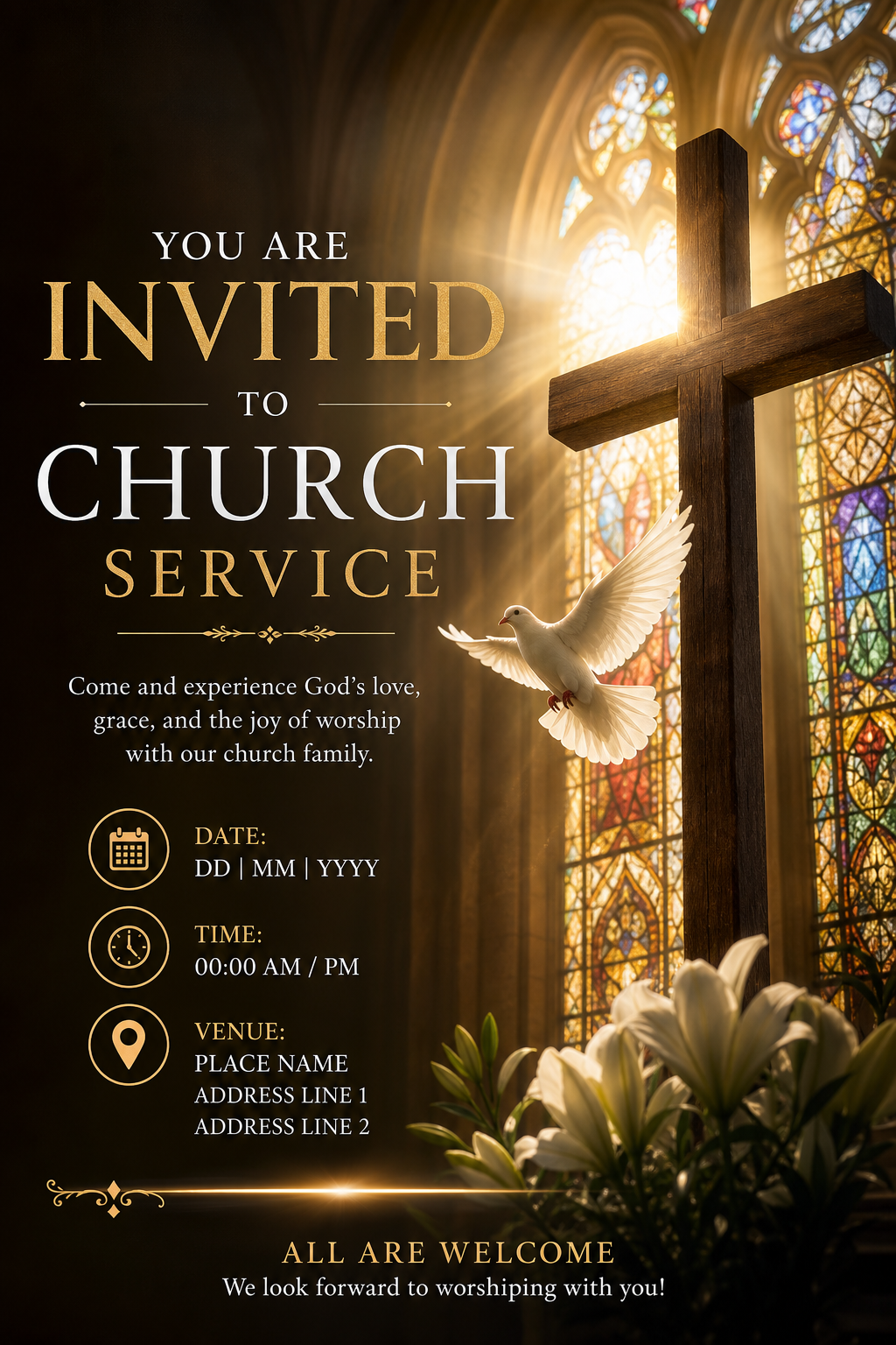 Church Invitation — photo-realistic style invitation card, featuring cross, stained glass, dove, warm divine palette