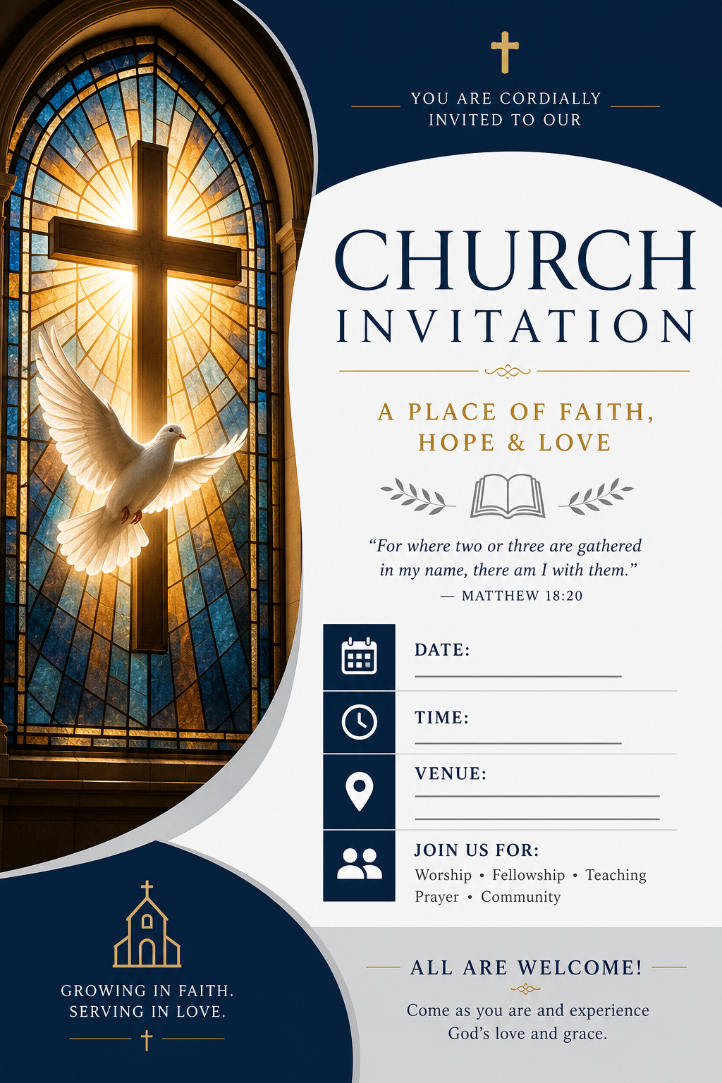Church Invitation — corporate style invitation card, featuring cross, stained glass, dove, warm divine palette
