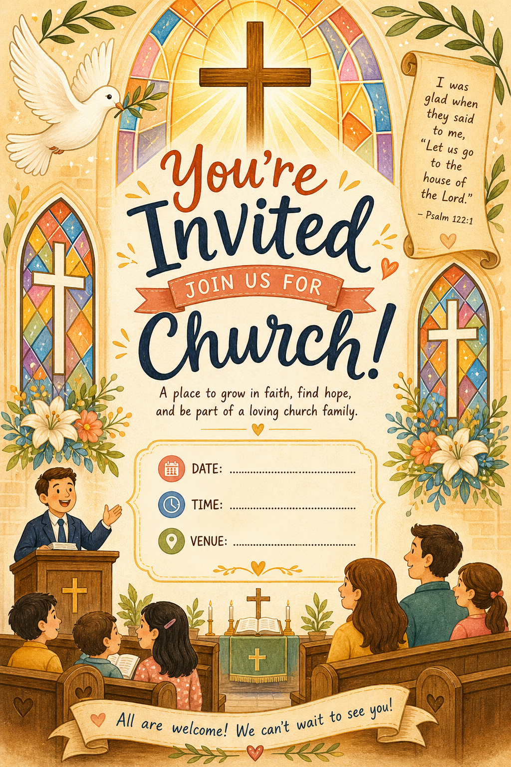 Church Invitation — illustration style invitation card, featuring cross, stained glass, dove, warm divine palette