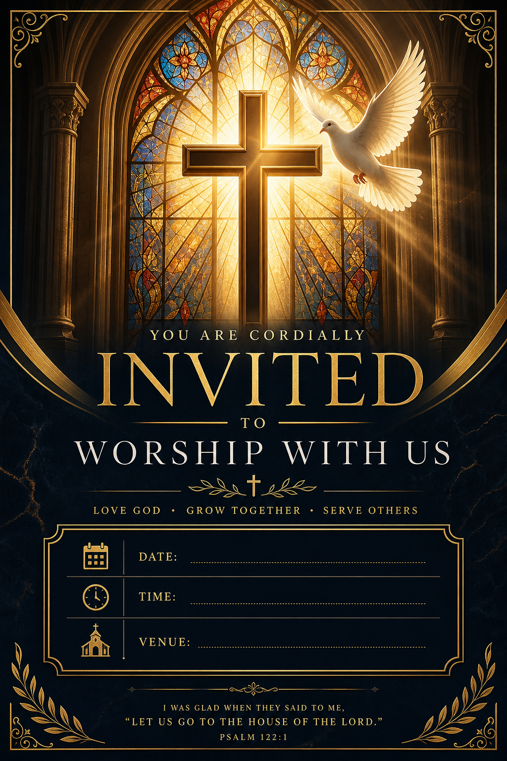 Church Invitation — elegant style invitation card, featuring cross, stained glass, dove, warm divine palette