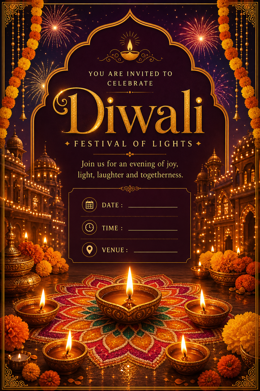 Diwali Invitation — elegant style invitation card, featuring glowing diya lamps, marigold flowers, rangoli patterns, golden-orange palette, fireworks