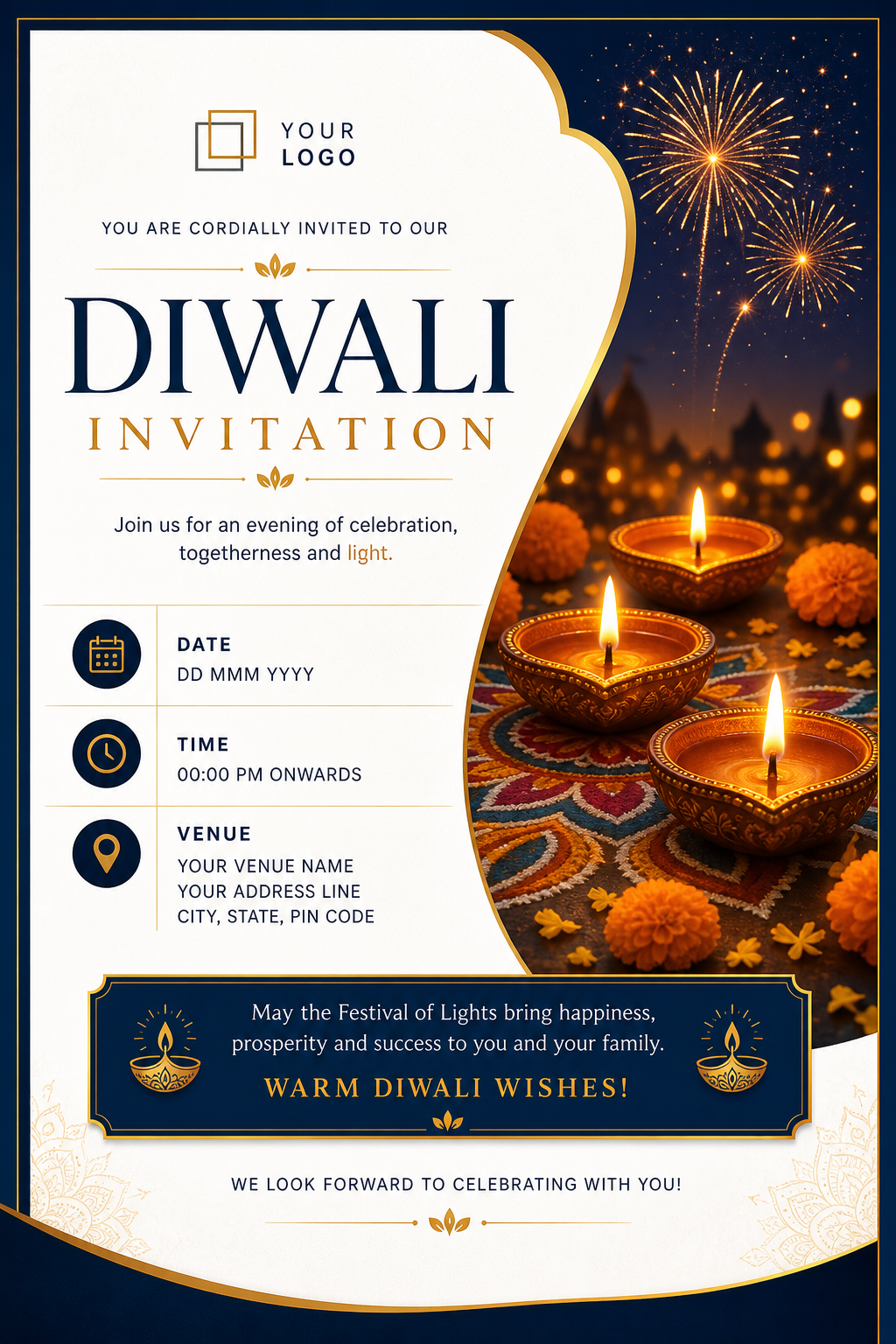 Diwali Invitation — corporate style invitation card, featuring glowing diya lamps, marigold flowers, rangoli patterns, golden-orange palette, fireworks