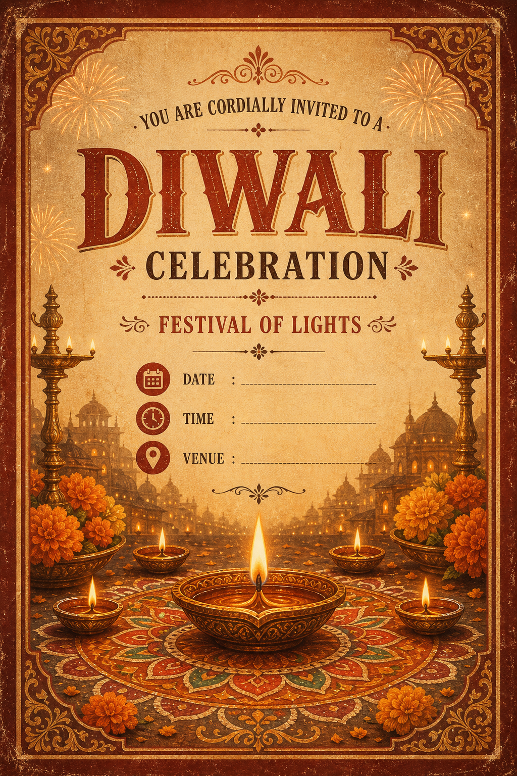 Diwali Invitation — vintage style invitation card, featuring glowing diya lamps, marigold flowers, rangoli patterns, golden-orange palette, fireworks