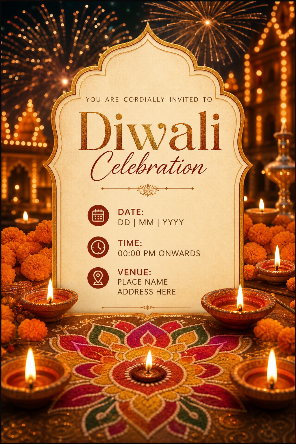 Diwali Invitation — photo-realistic style invitation card, featuring glowing diya lamps, marigold flowers, rangoli patterns, golden-orange palette, fireworks