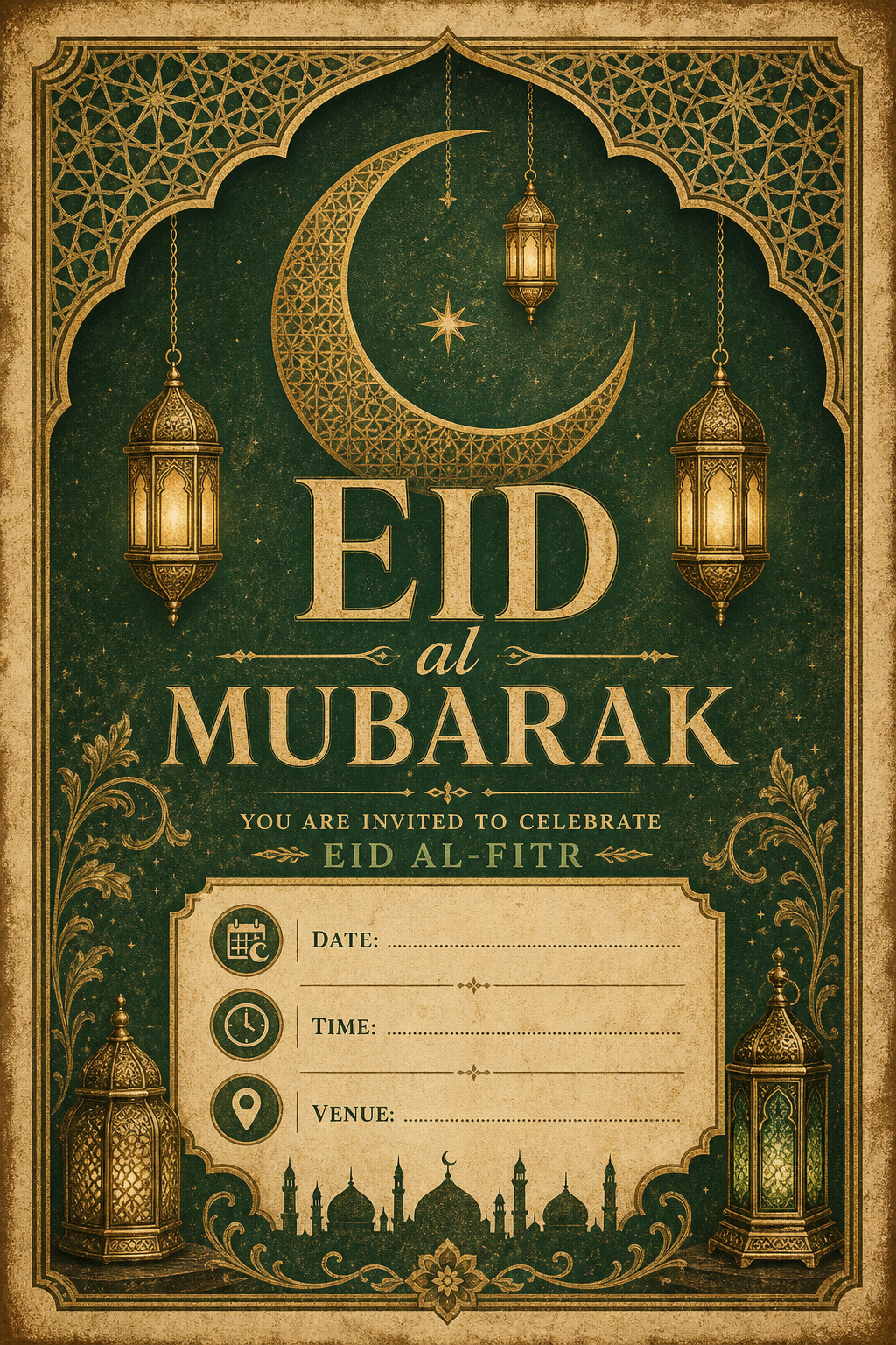 EID al — vintage style invitation card, featuring crescent moon, lanterns, gold and green palette, Islamic geometric patterns, festive ornaments