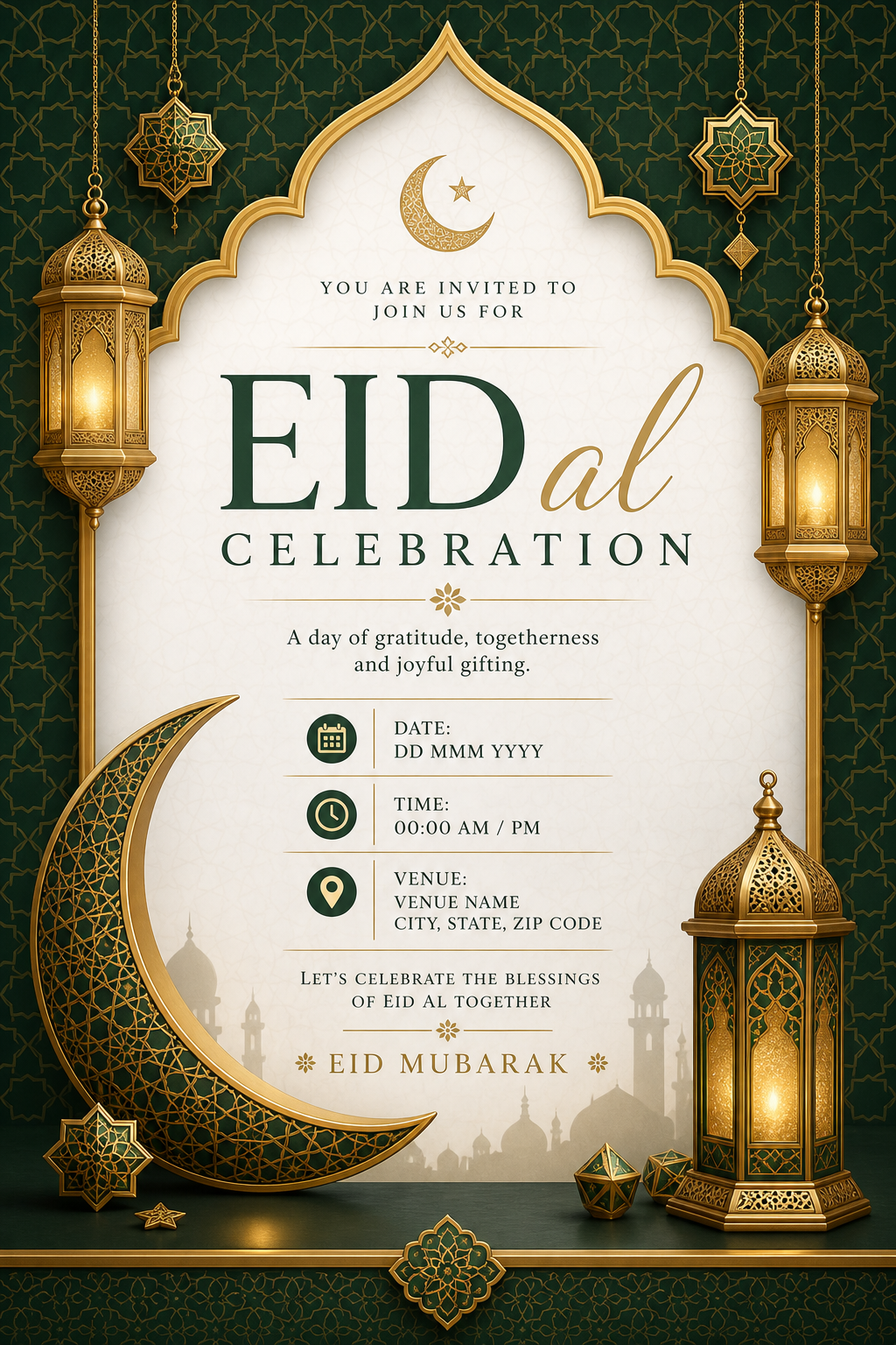EID al — corporate style invitation card, featuring crescent moon, lanterns, gold and green palette, Islamic geometric patterns, festive ornaments